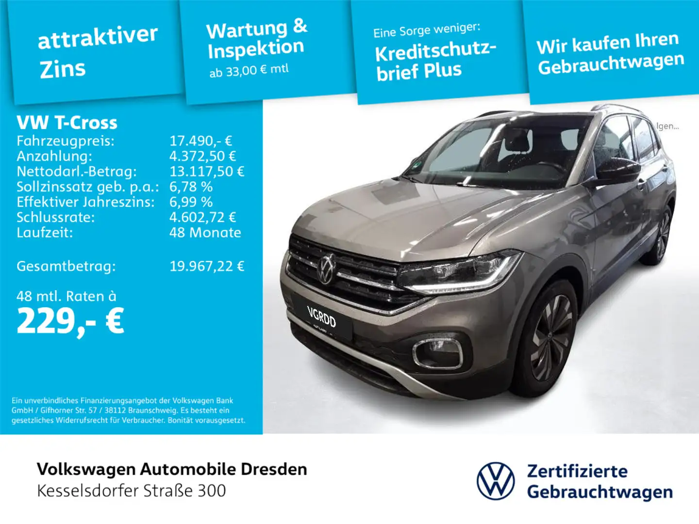 Volkswagen T-Cross 1.0 TSI Active ACC LED Navi DAB PDC Grau - 1