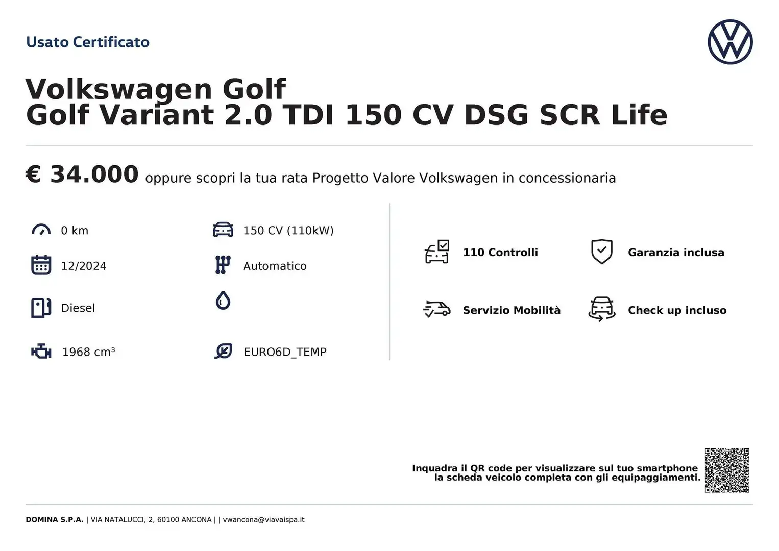 Volkswagen Golf Variant Variant 2.0 TDI 150 CV DSG SCR Life Nero - 2