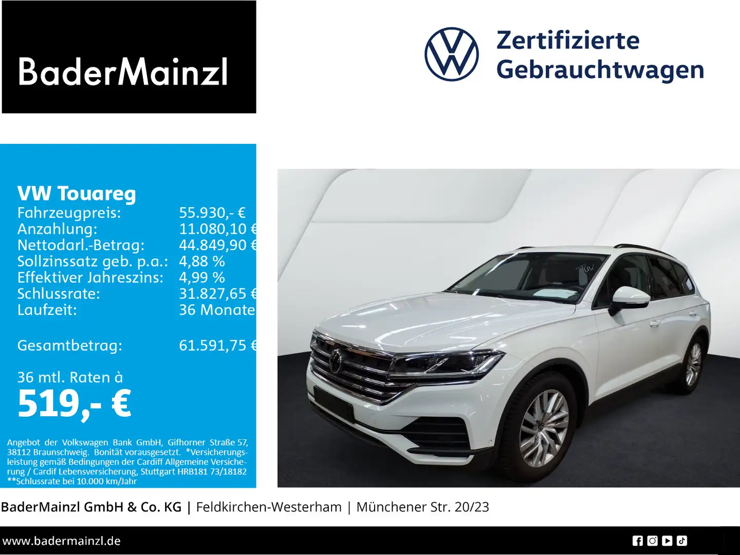 Volkswagen Touareg 3.0 TDI 4M AHK Navi SHZ Leder Kam. Luft Weiß - 1