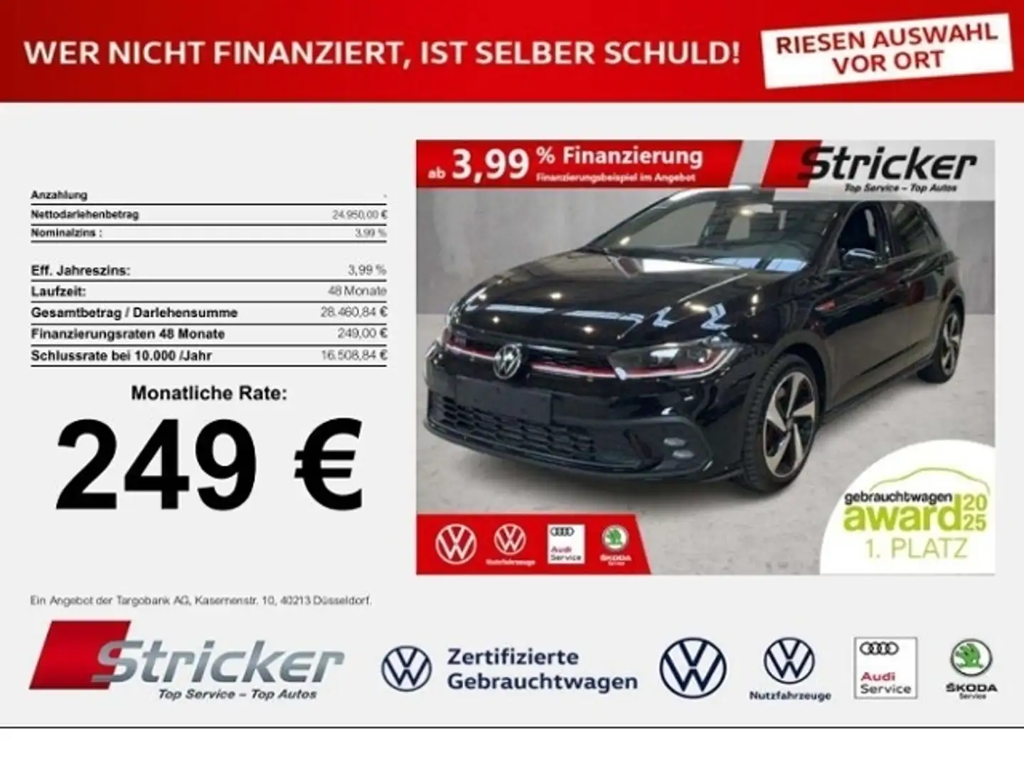 Volkswagen Polo GTI 2.0TSI DSG 249,-ohne Anzahlung ACC App-Connec Schwarz - 1