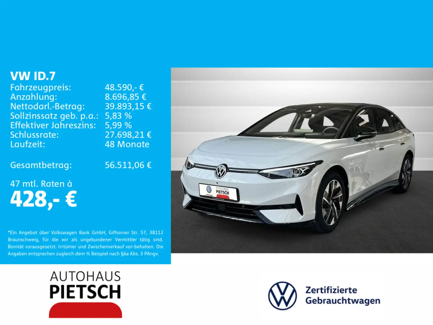 Volkswagen ID.7 Pro 77 kWh NAVI Massagesitze HUD AHK Rückfa Blanc - 1