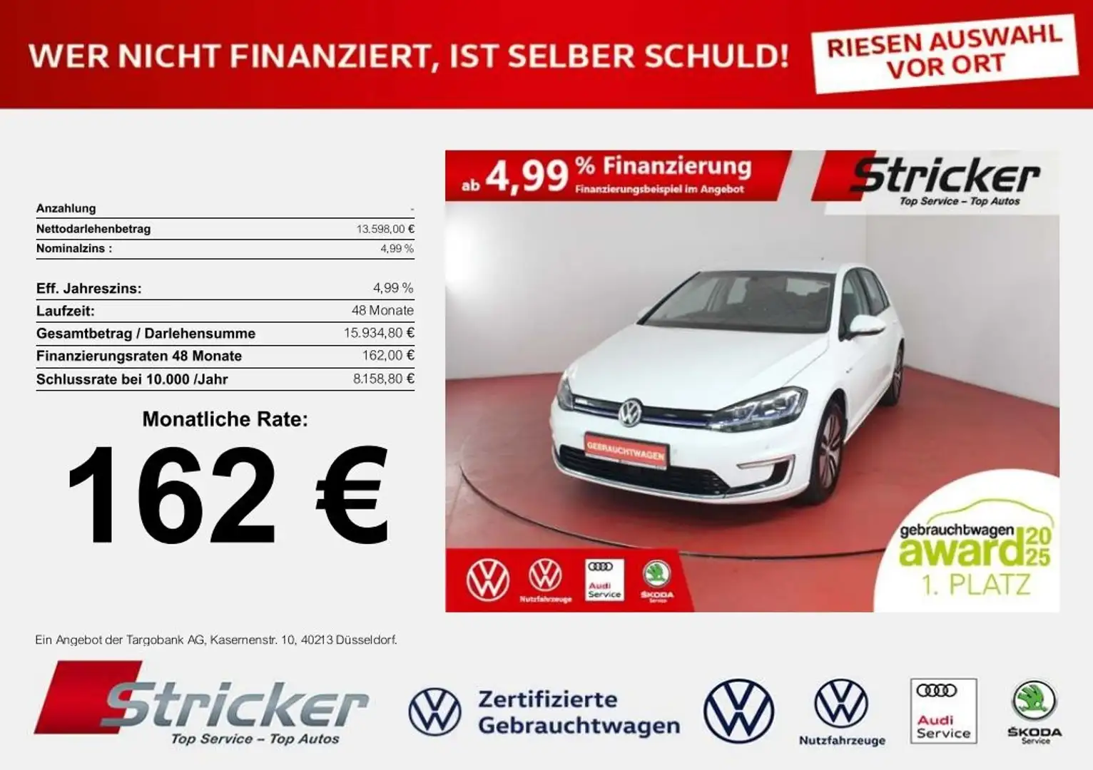 Volkswagen Golf e-Golf 162,-ohne Anzahlung Einparkhilfe Navi Weiß - 1