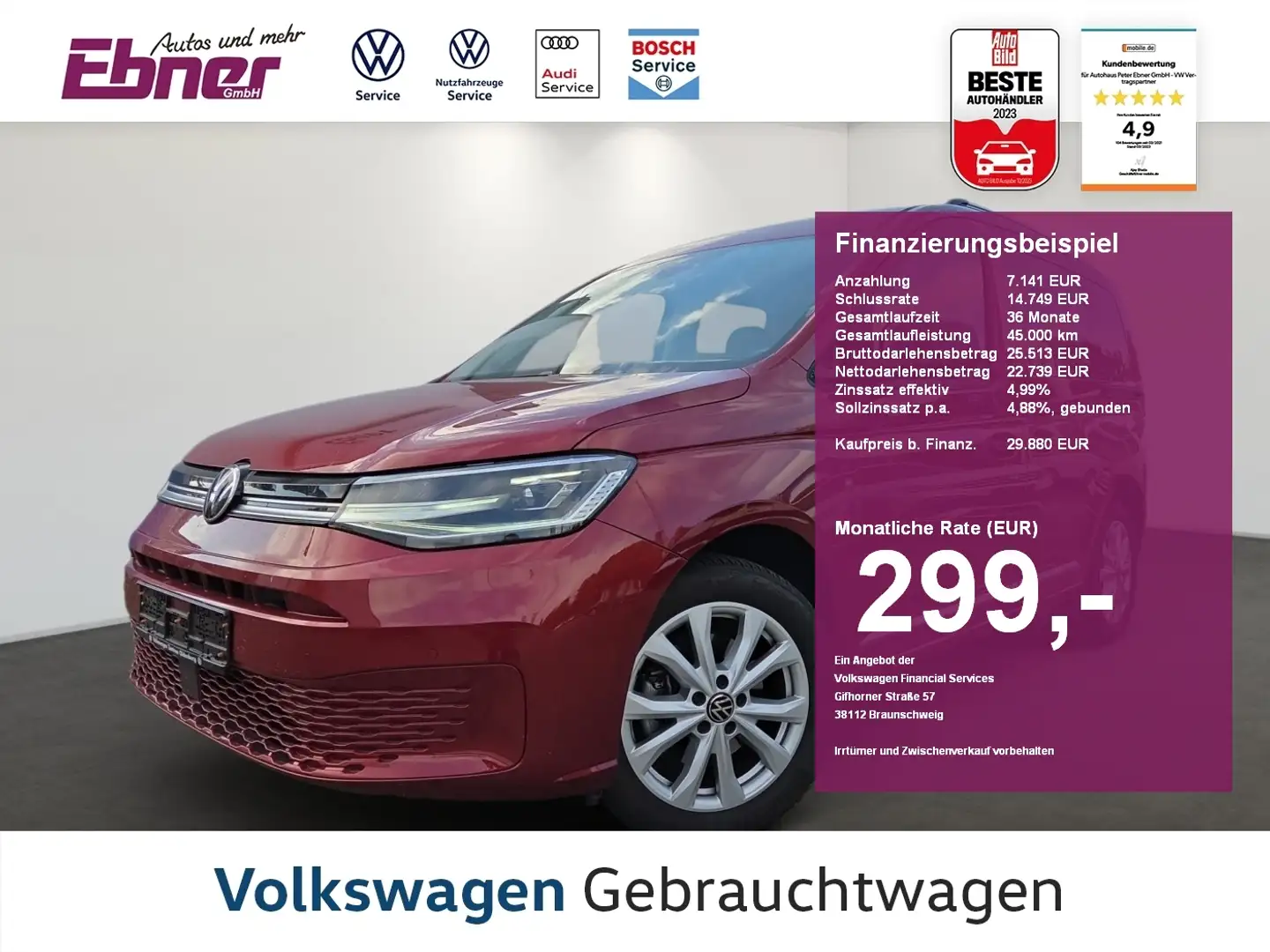 Volkswagen Caddy STYLE 1.5TSI STANDHZG+LED+NAVI-APP+GRA+SITZHZG+17 Rot - 1