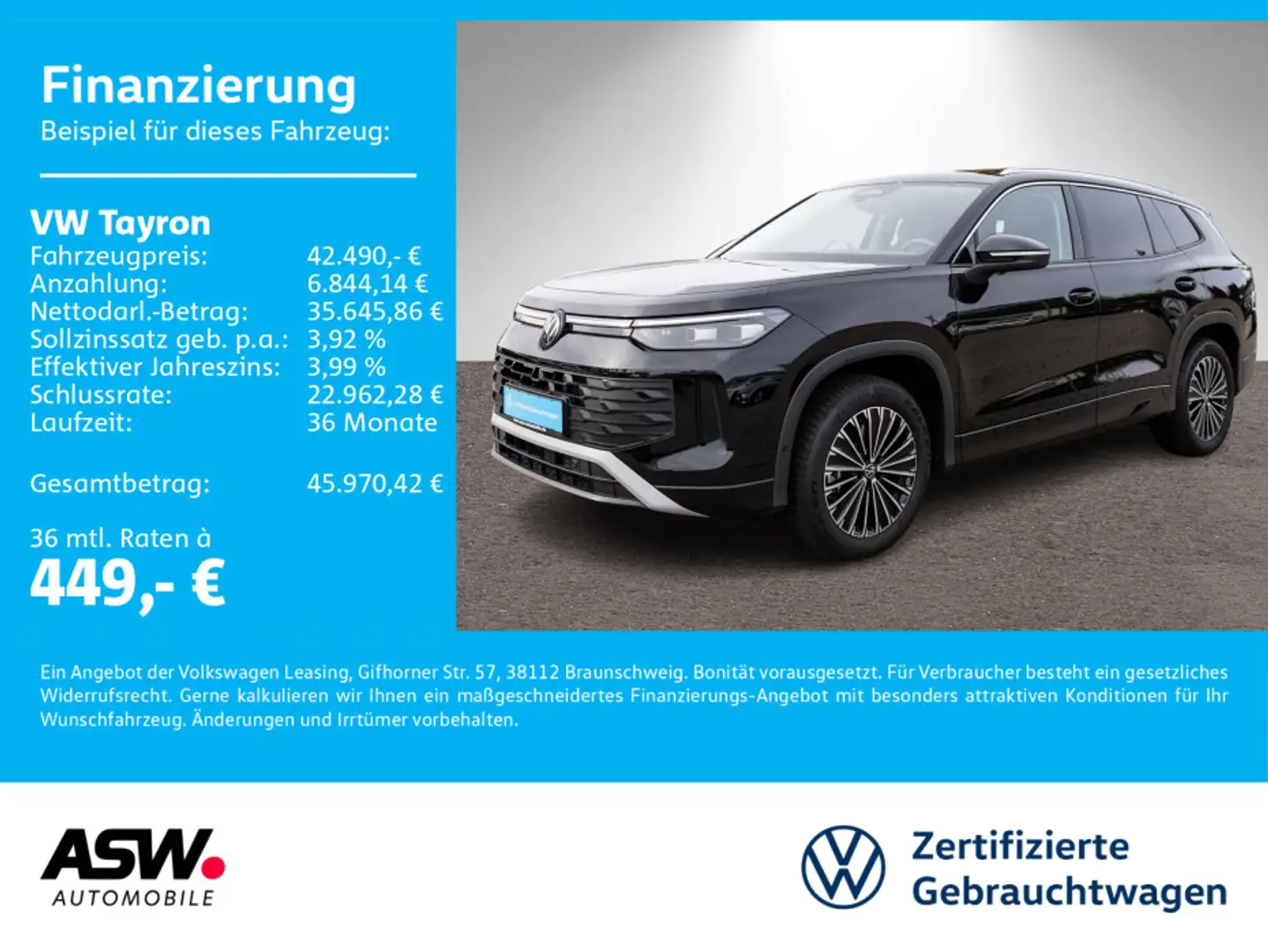 Volkswagen Tayron Life 1.5TSI DSG LED Navi RFK PANO HUD AHK Schwarz - 1