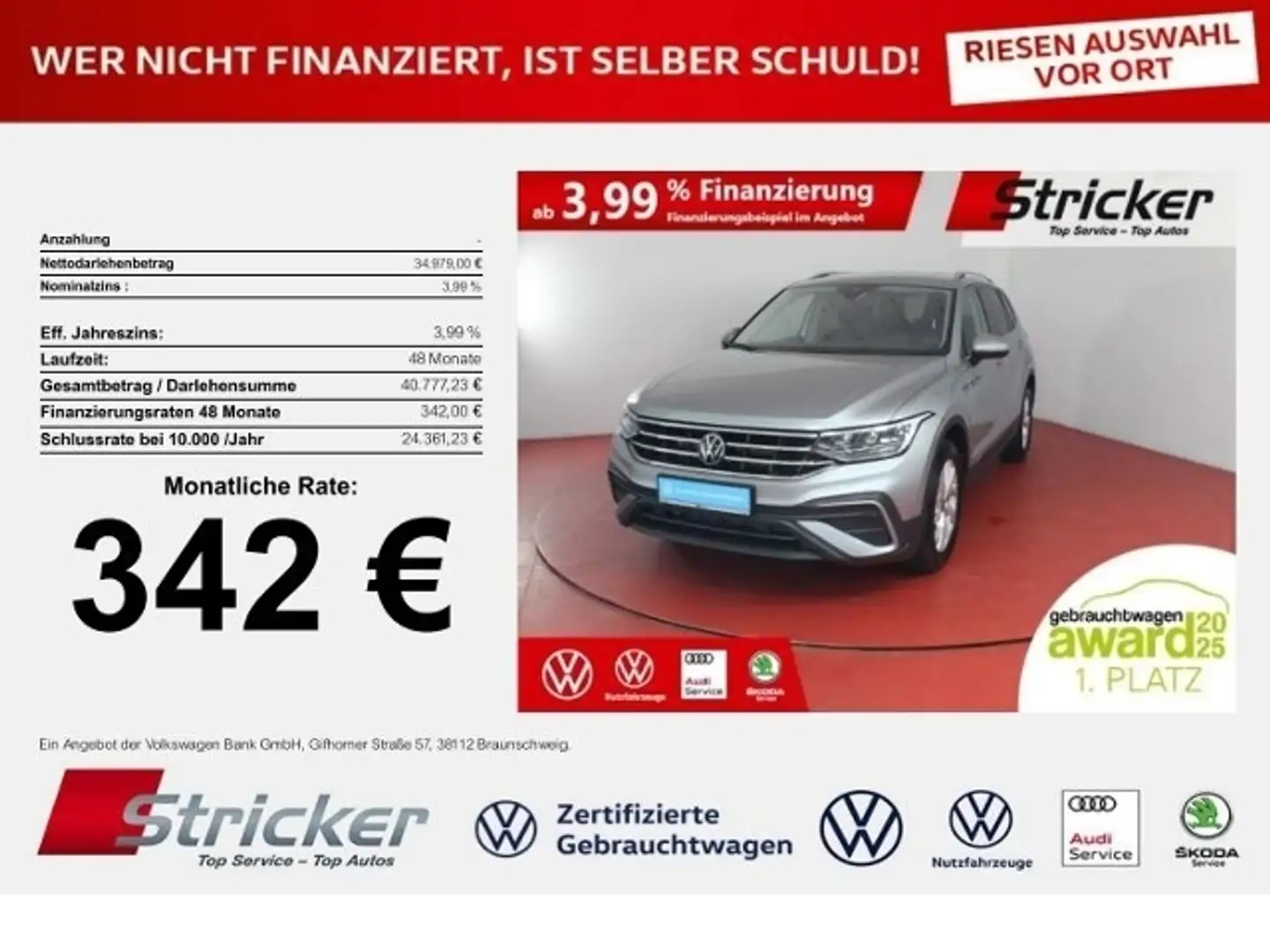 Volkswagen Tiguan Allspace Life 2.0TDI DSG 342,-ohne Anzahlung AHK 7-Sitzer Silber - 1