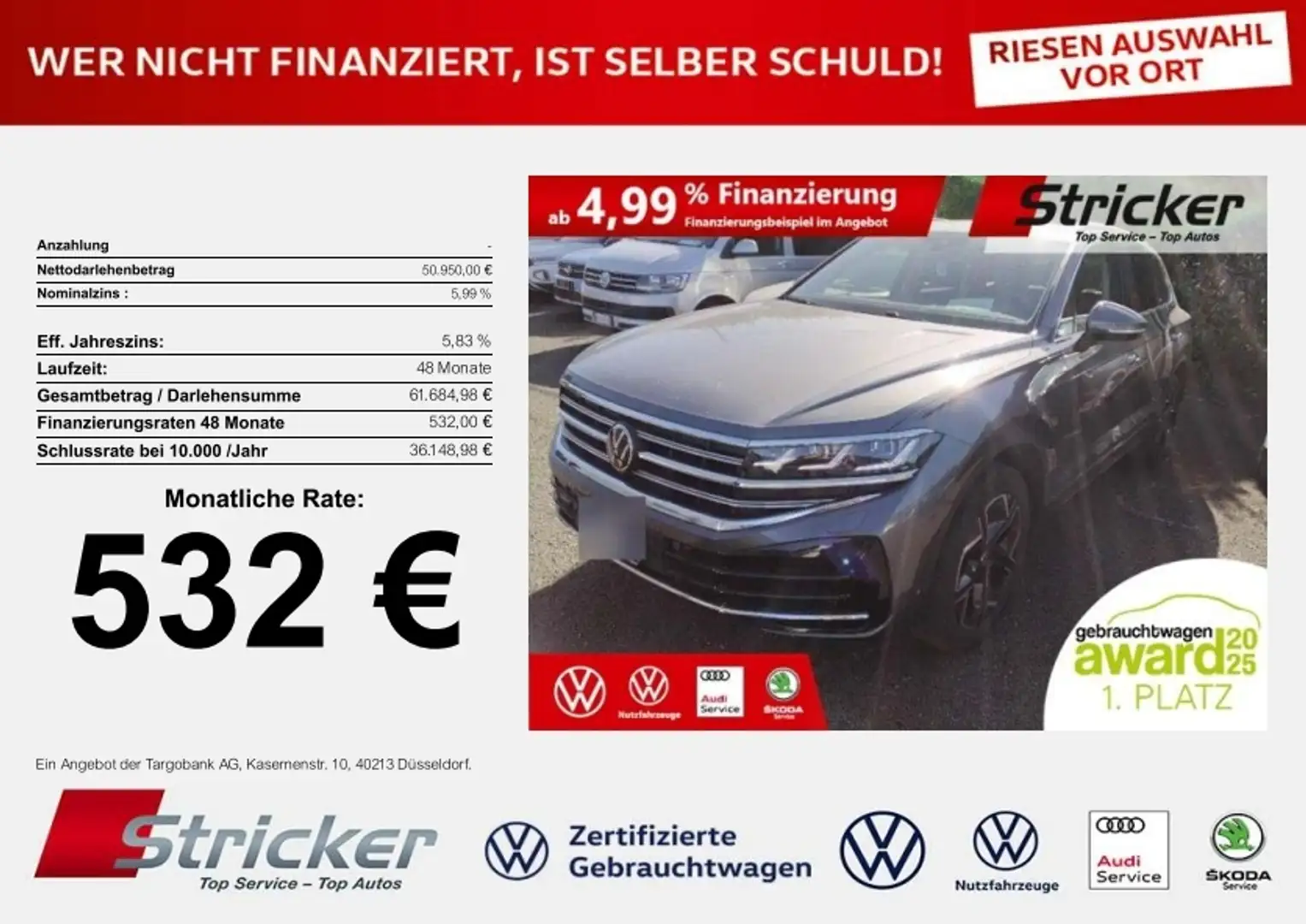 Volkswagen Touareg Elegance 3.0TDI 532,-ohne Anzahlung AHK Navi ACC Grau - 1
