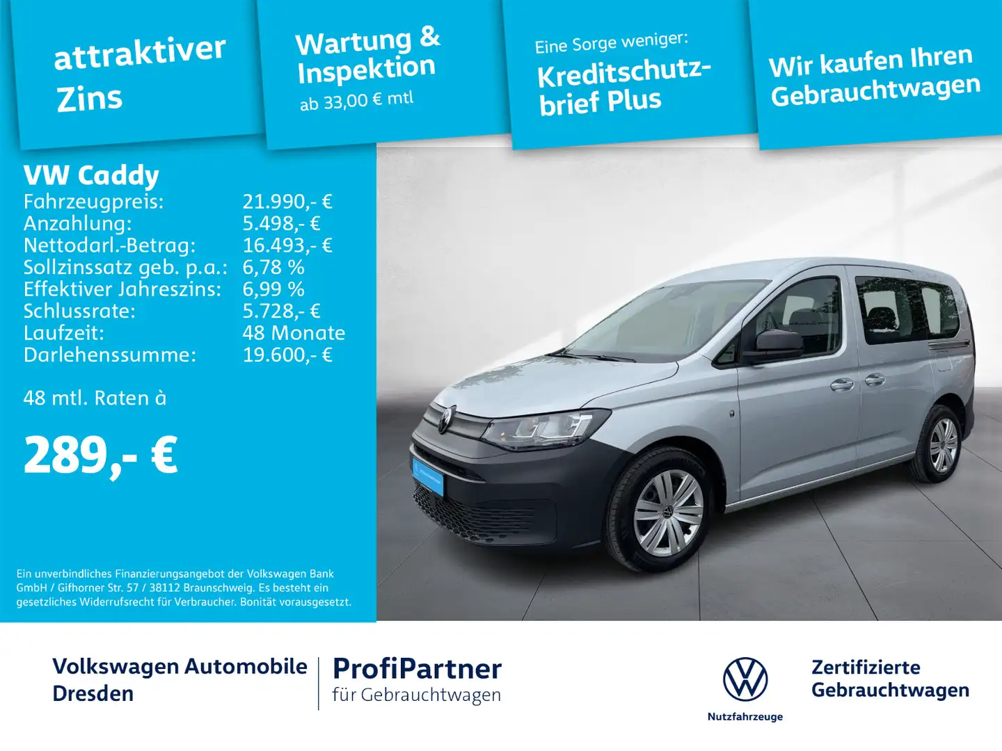 Volkswagen Caddy Basis 2,0 TDI KLIMA GRA Silber - 1