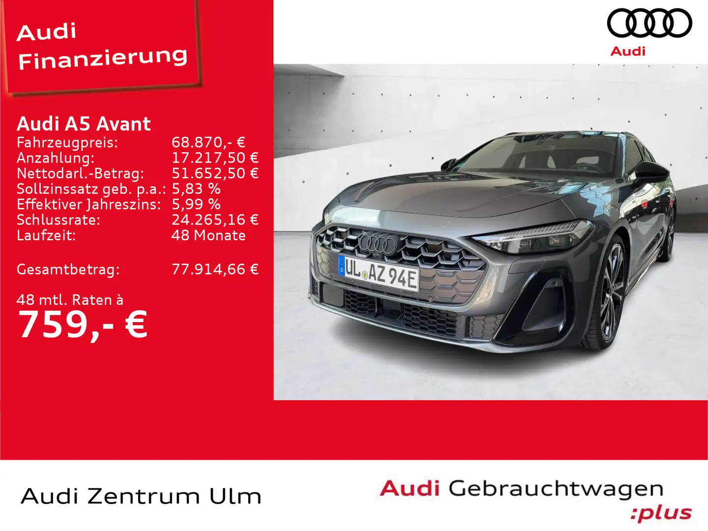 Audi A5 e-Hybrid qu S-Line AHK-VORB. HuD PANO Grau - 1