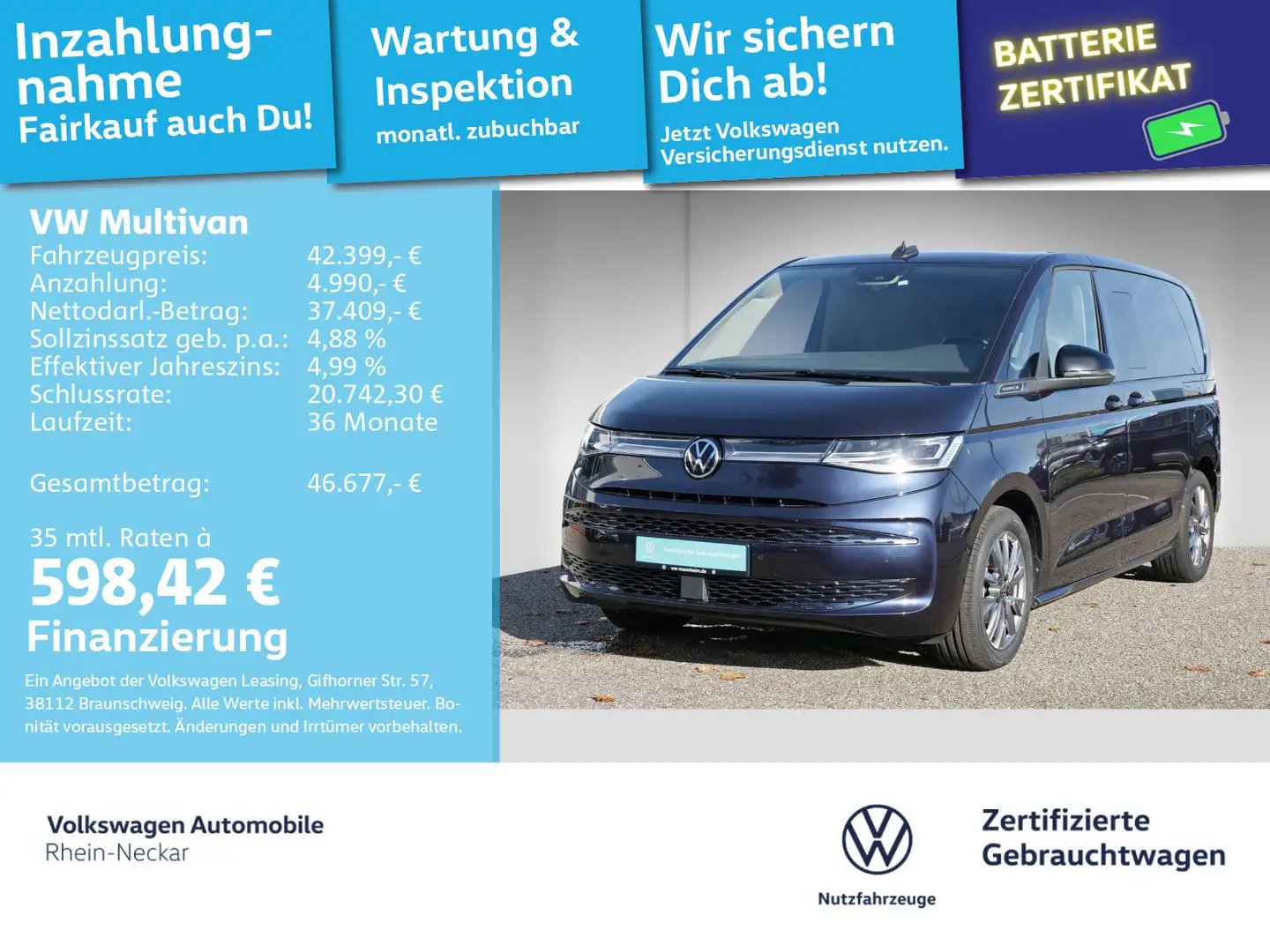 Volkswagen T7 Multivan 1.4 TSI eHybrid DSG 6-Sitzer AHK ACC uv Blau - 1