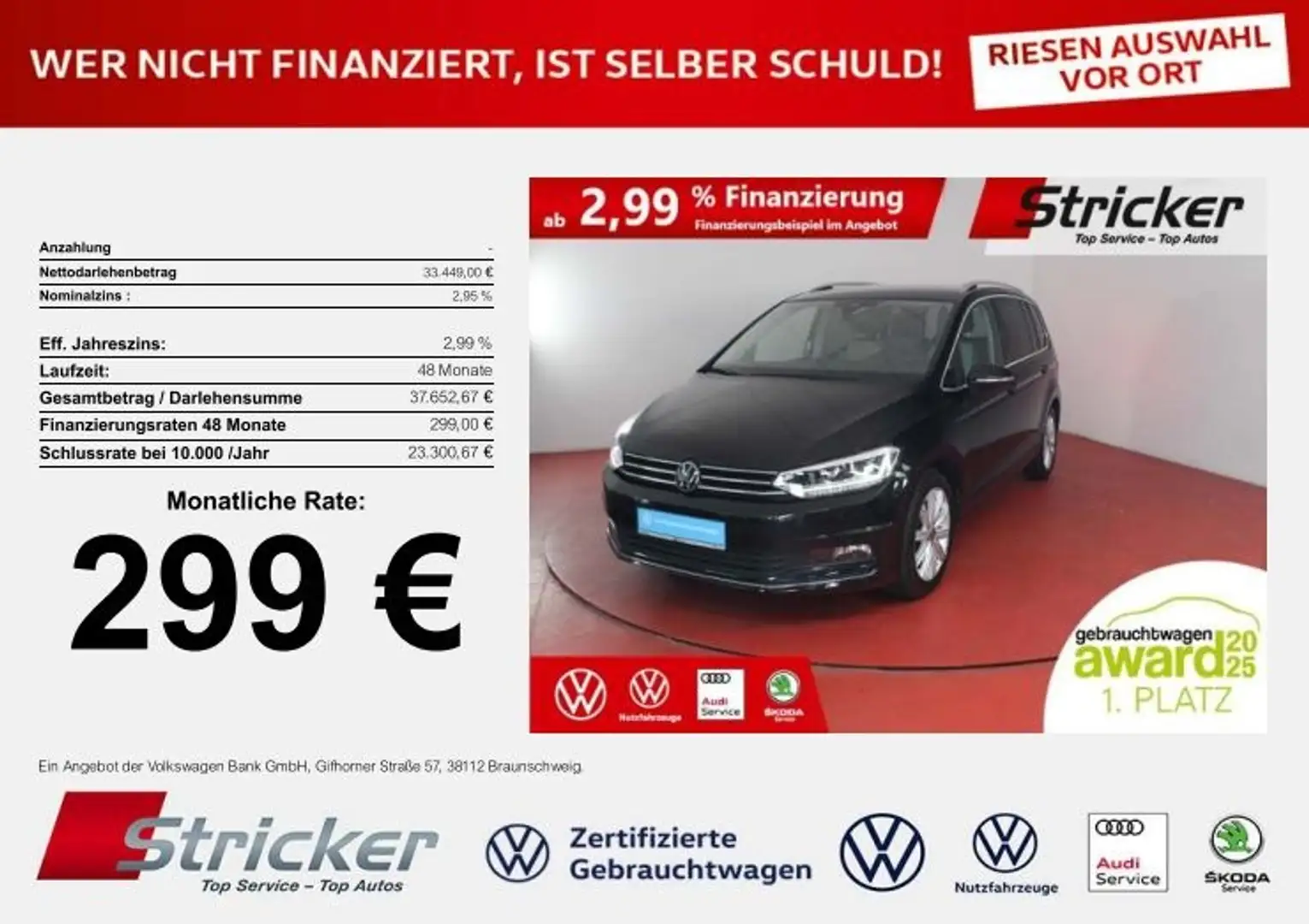 Volkswagen Touran Highline 2.0TDI DSG 299,-ohne Anzahlung Navi AHK Schwarz - 1