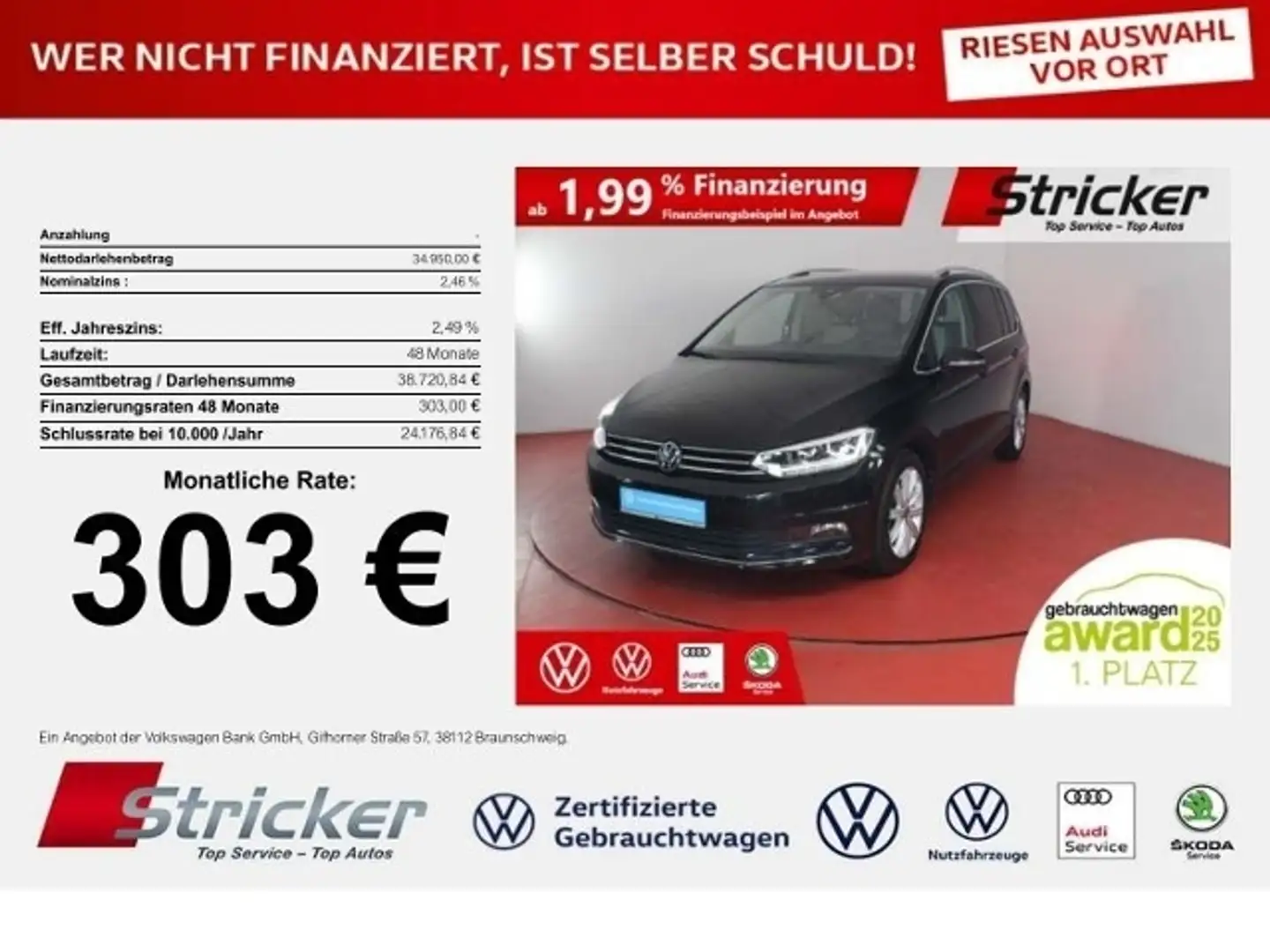 Volkswagen Touran Highline 2.0TDI DSG 303,-ohne Anzahlung Navi AHK Schwarz - 1
