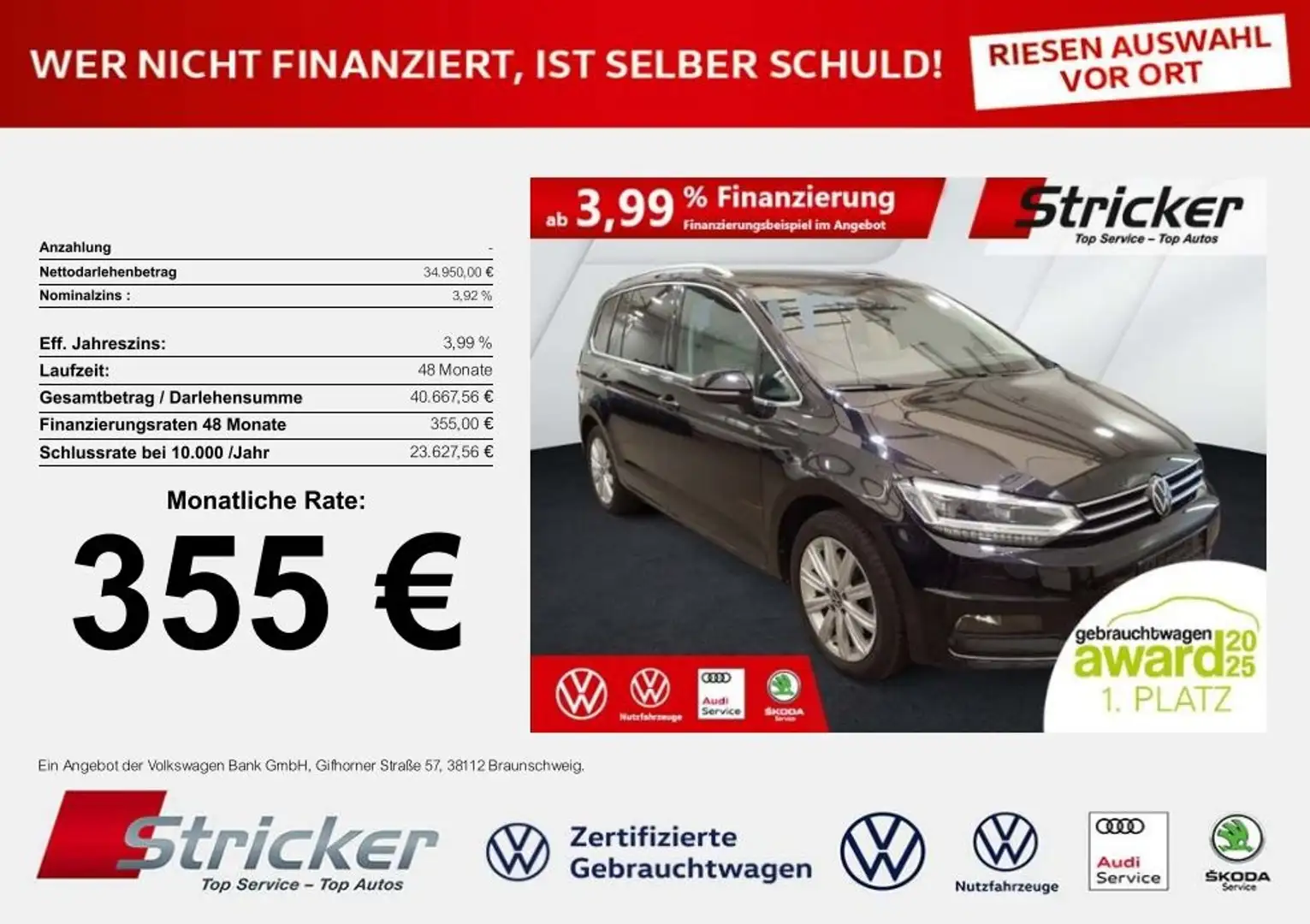 Volkswagen Touran Highline 2.0TDI DSG 355,-ohne Anzahlung Navi AHK Schwarz - 1