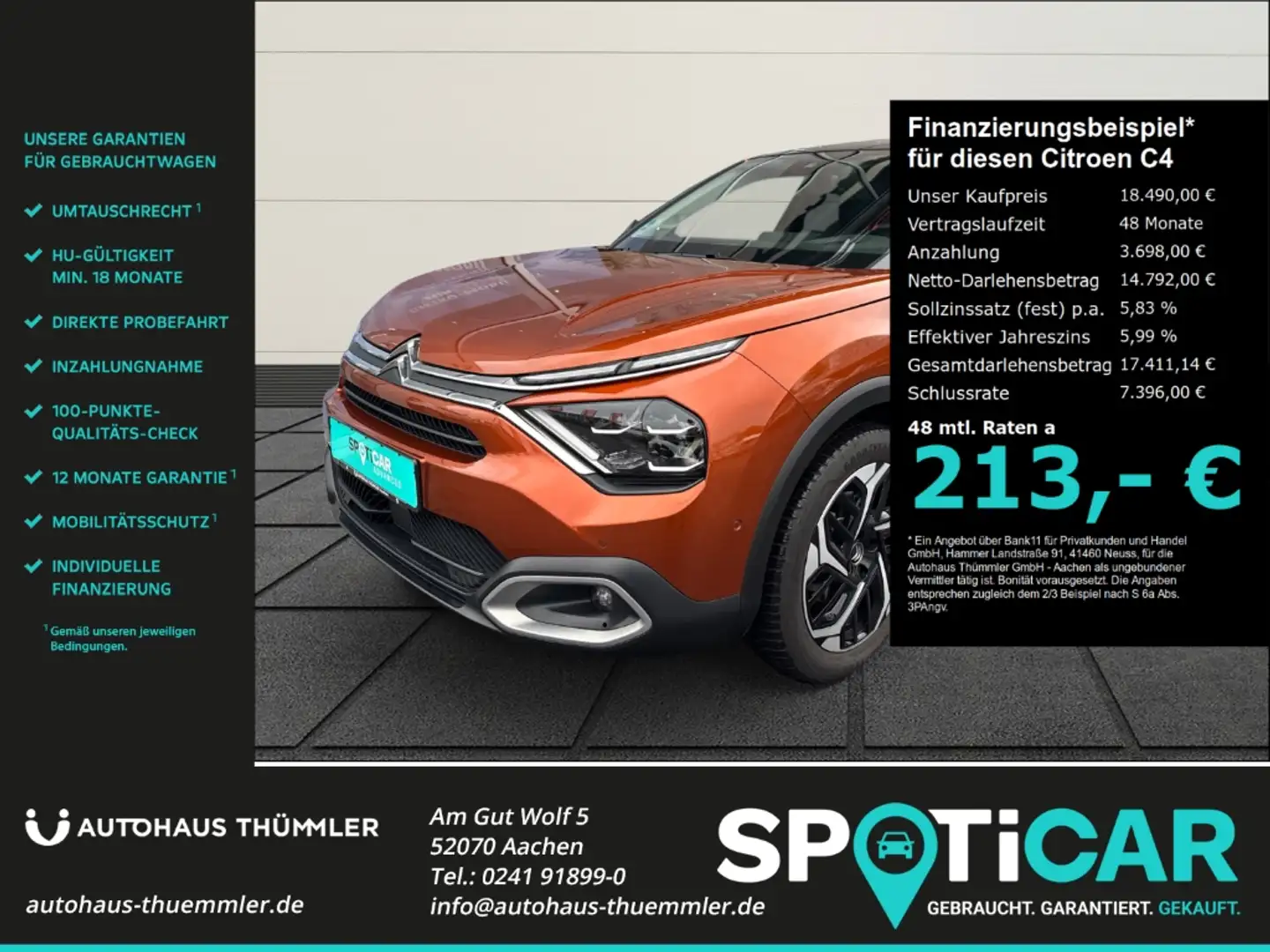 Citroen C4 Shine HUD AHK-abnehmbar Navi Ganzjahresreifen LED Orange - 1