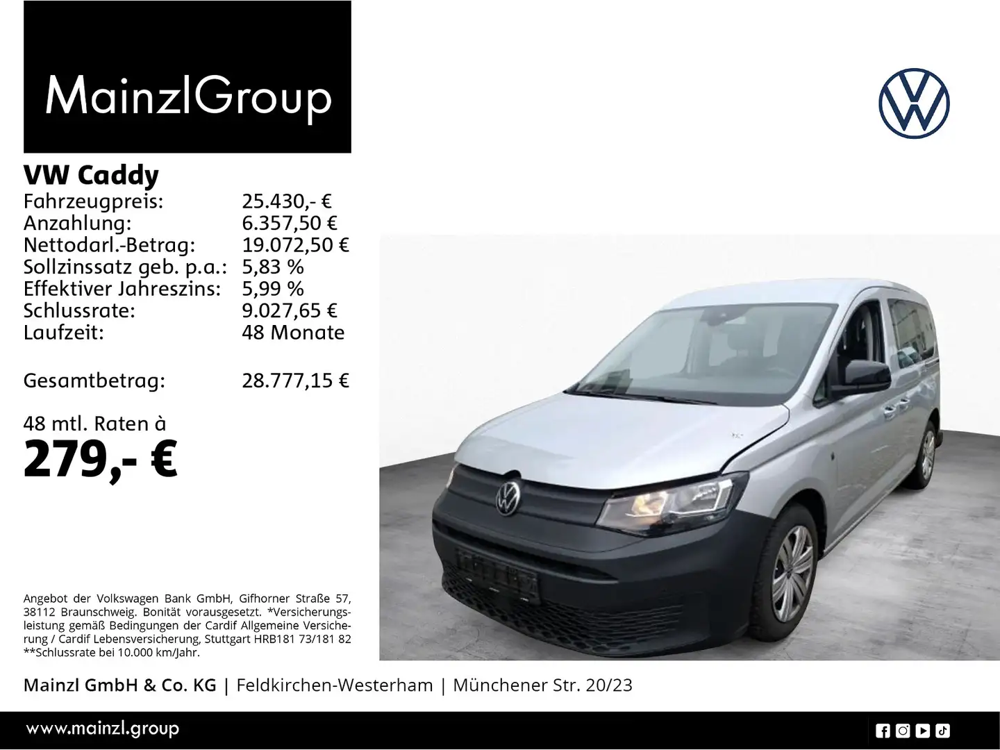 Volkswagen Caddy Kombi 2.0 TDI AHK Navi Stdhz ACC SHZ 2xPDC Silber - 1