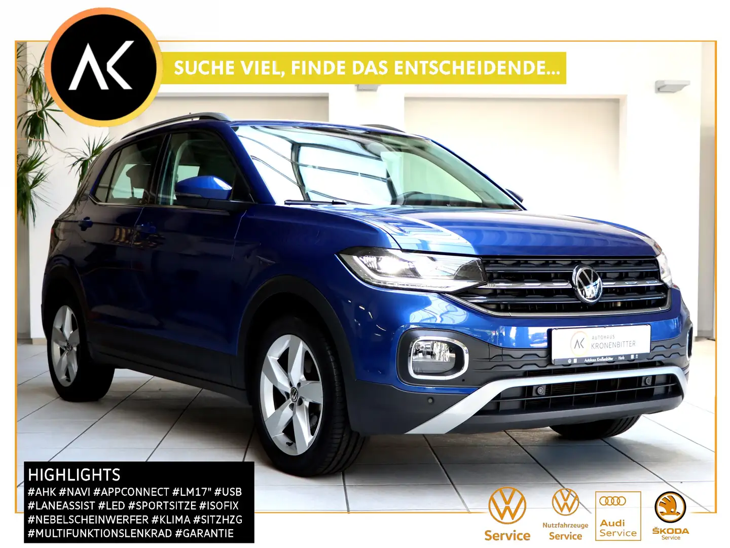 Volkswagen T-Cross 1.0 TSI Style DSG 110PS-AHK LED Navi LM17 AppConne Bleu - 1