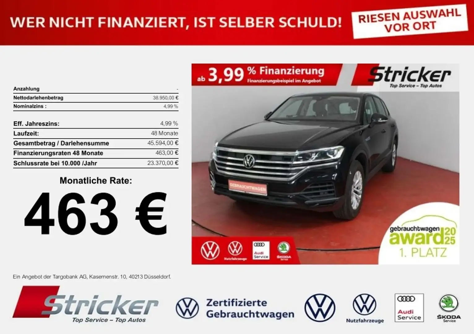 Volkswagen Touareg 3.0TDI 463,-ohne Anzahlung Navi AHK Schwarz - 1