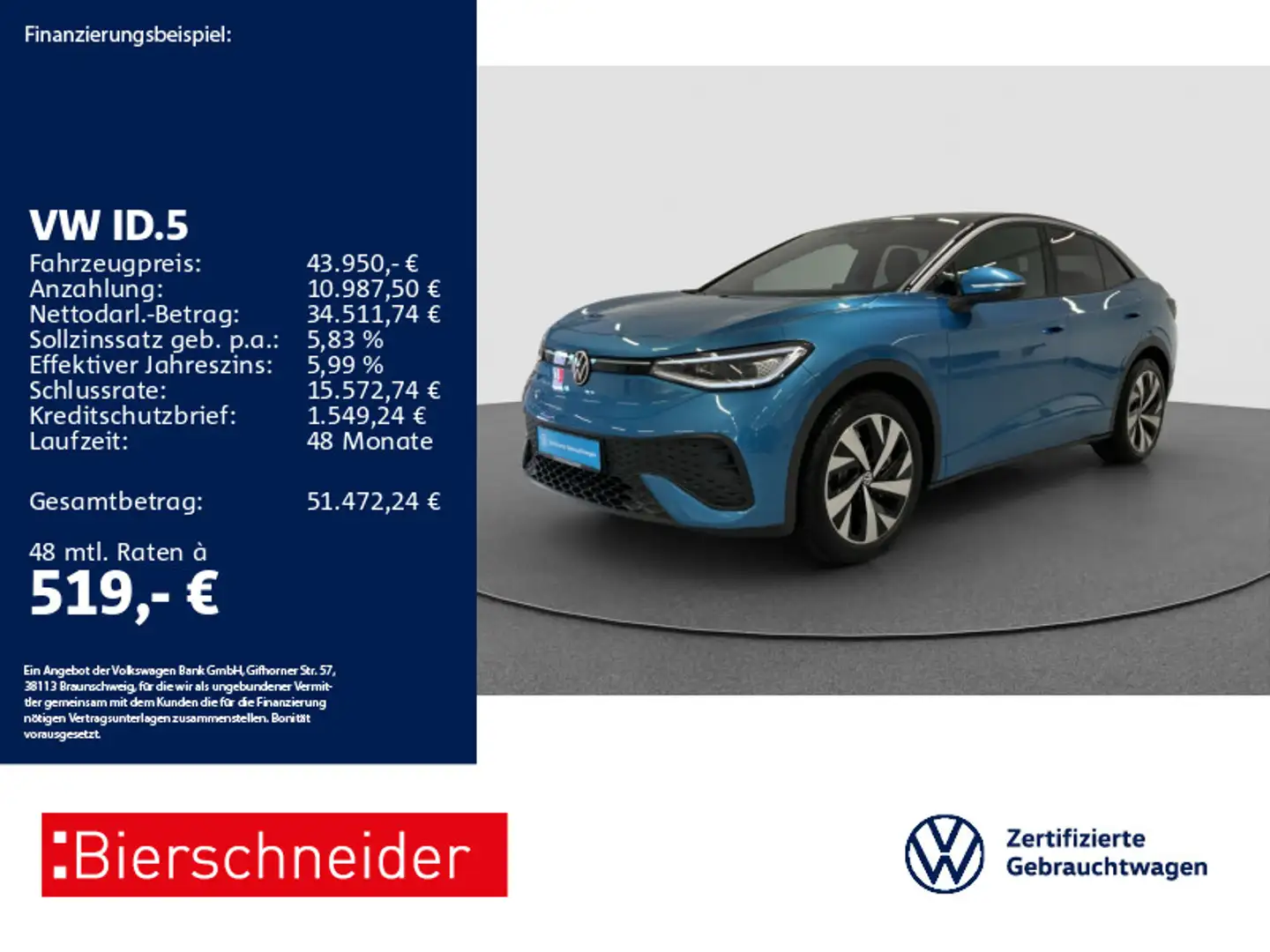 Volkswagen ID.5 Pro AHK PANO MATRIX HuD 360 Blau - 1