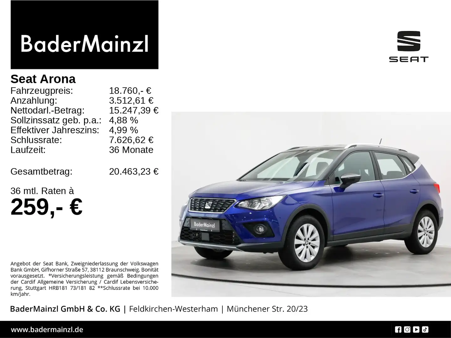 SEAT Arona 1.0 TSI DSG XCELLENCE AHK CarPlay Kam. SHZ Blau - 1
