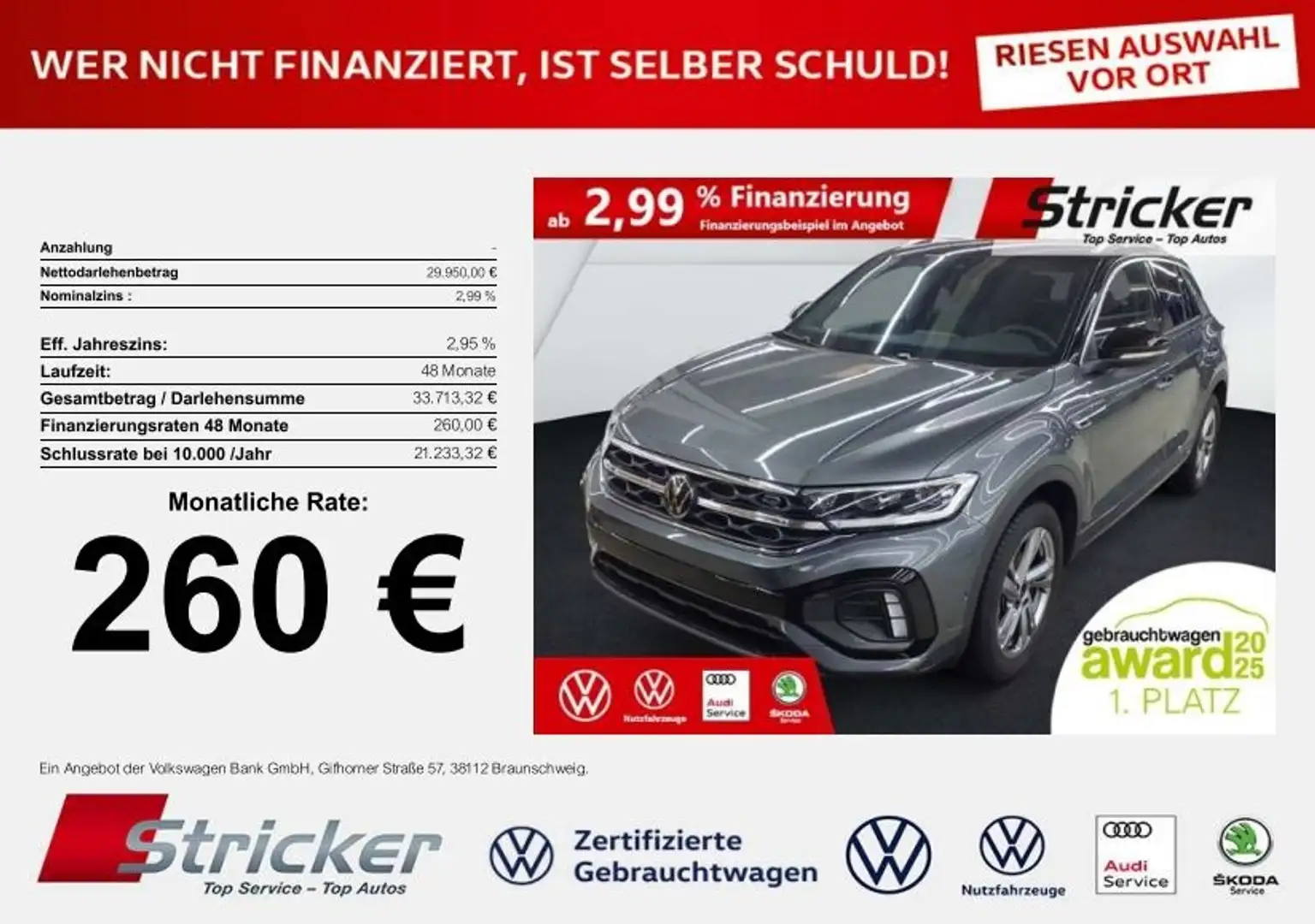 Volkswagen T-Roc R-Line 1.5TSI DSG 260,-ohne Anzahlung Navi AHK Ka Grau - 1