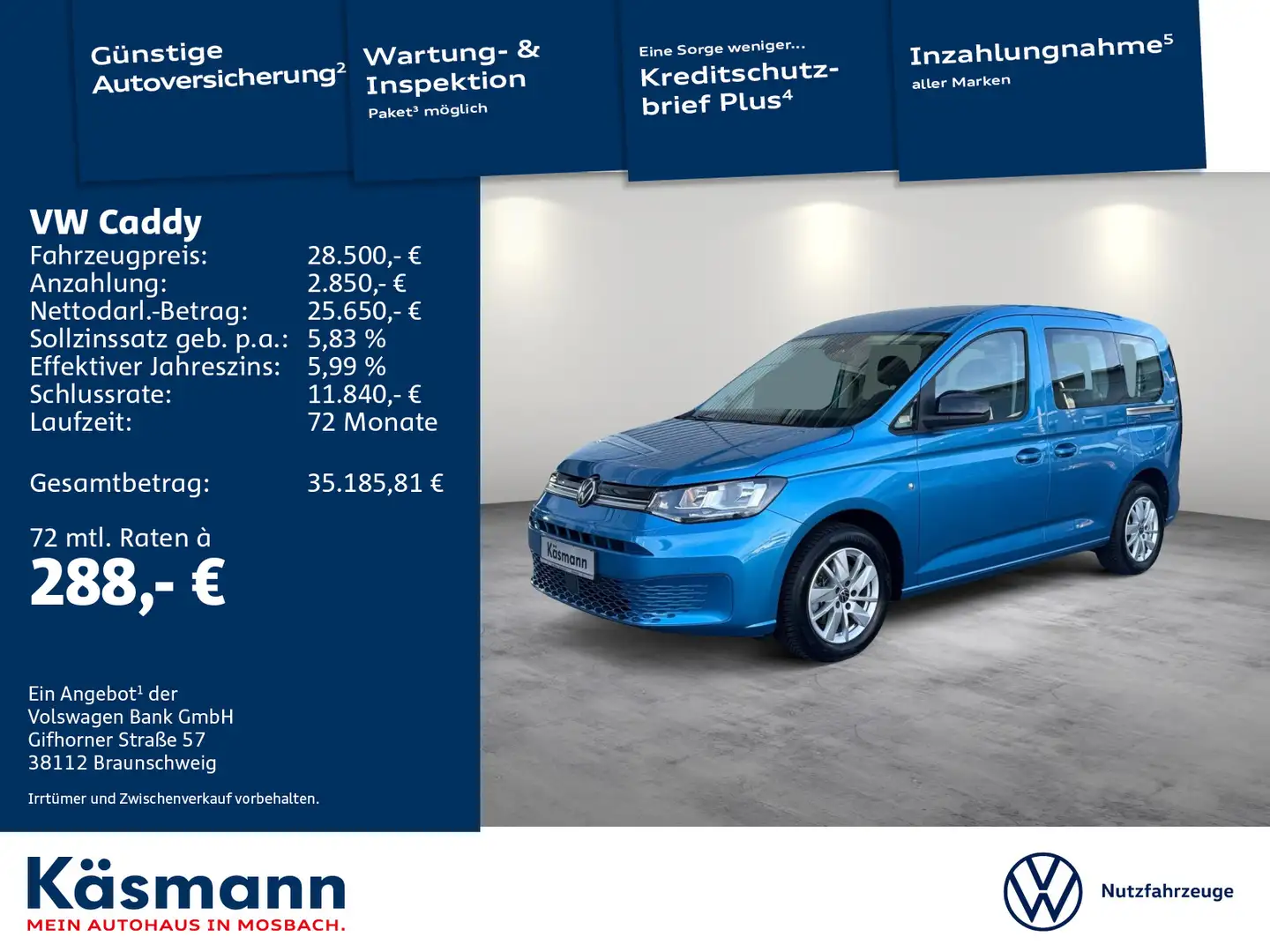 Volkswagen Caddy Life 1.5TSI NAV KAM PDC ACC SHZ Blau - 1