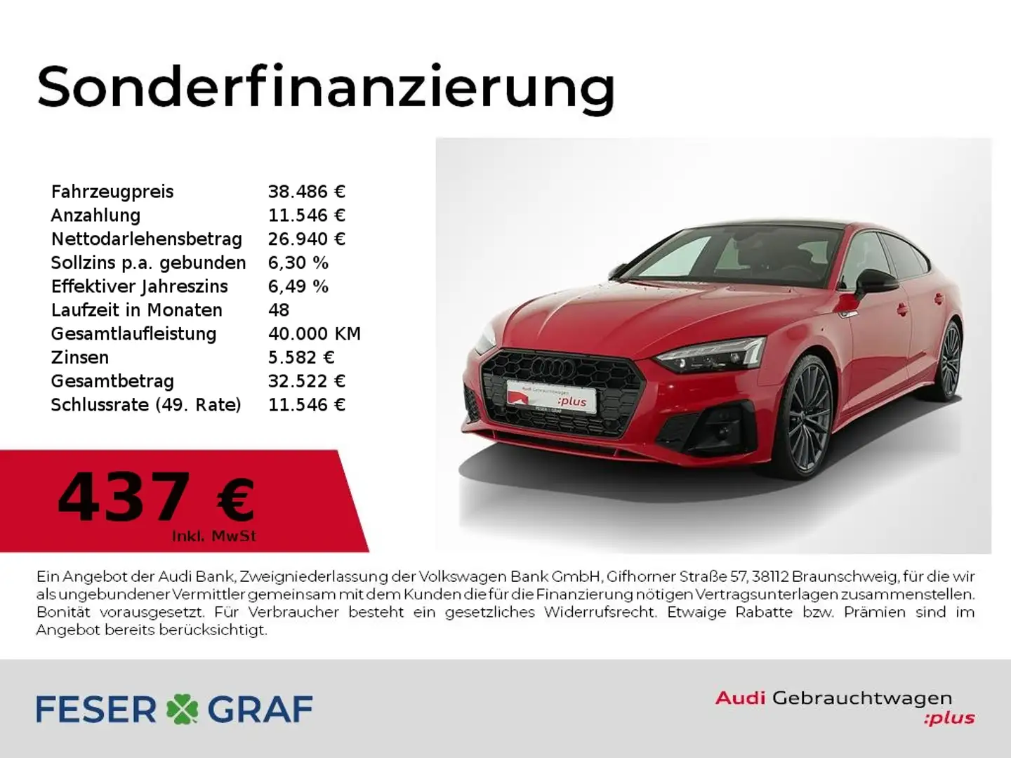 Audi A5 Sportback 40 TFSI S tronic S Line Int Pano,Matrix, Rot - 1