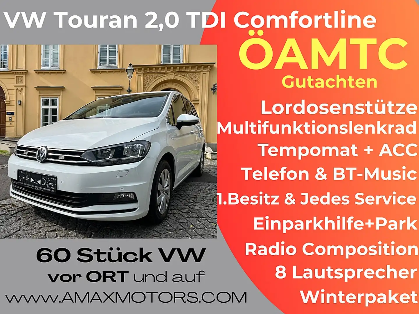 Volkswagen Touran 2,0 TDI SCR DSG,1. Besitz ÖAMTC Test, Abstandst... Weiß - 1
