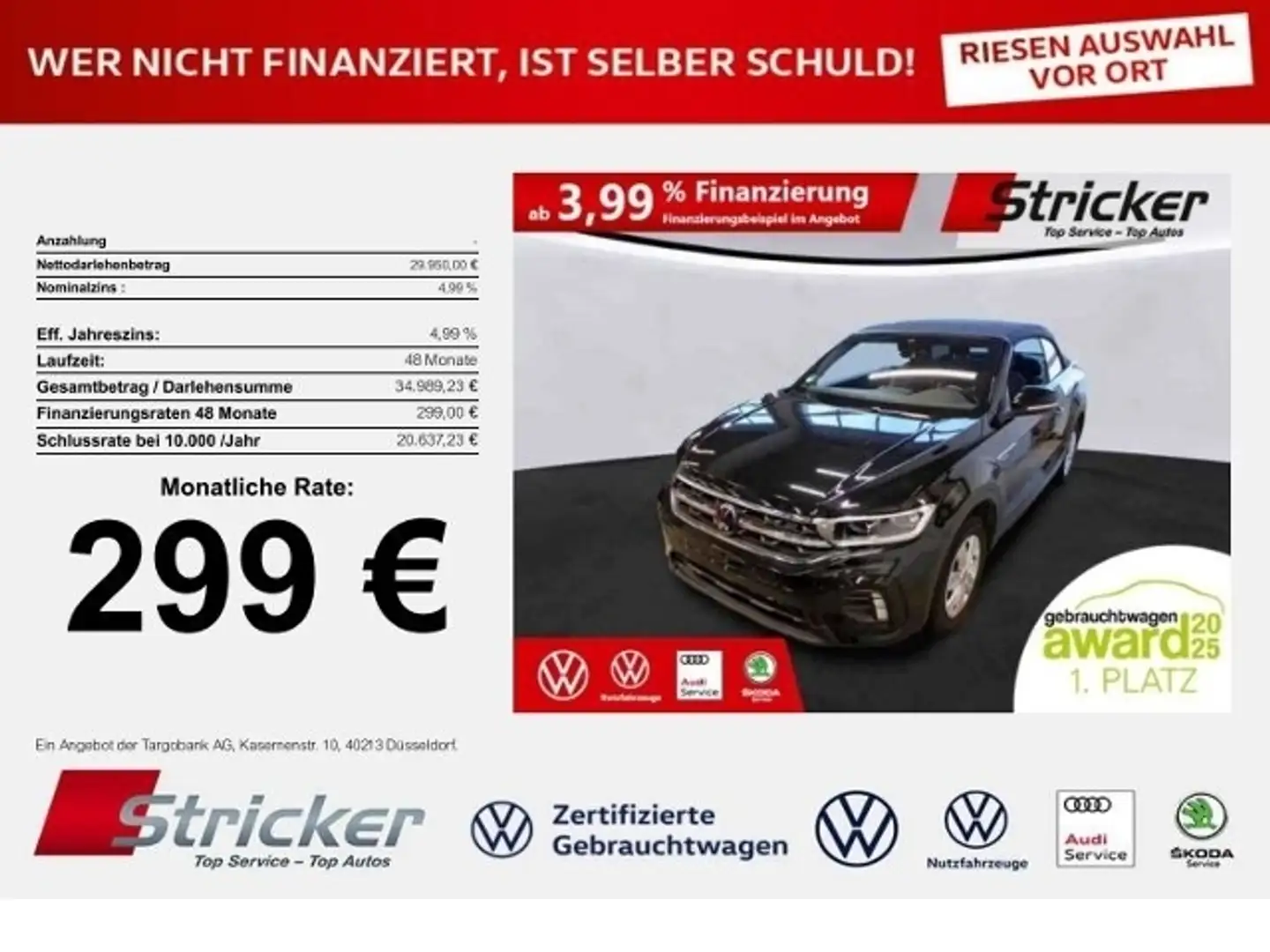 Volkswagen T-Roc Cabriolet R-Line 1.5TSI DSG 299,-ohne Anzahlung N Schwarz - 1