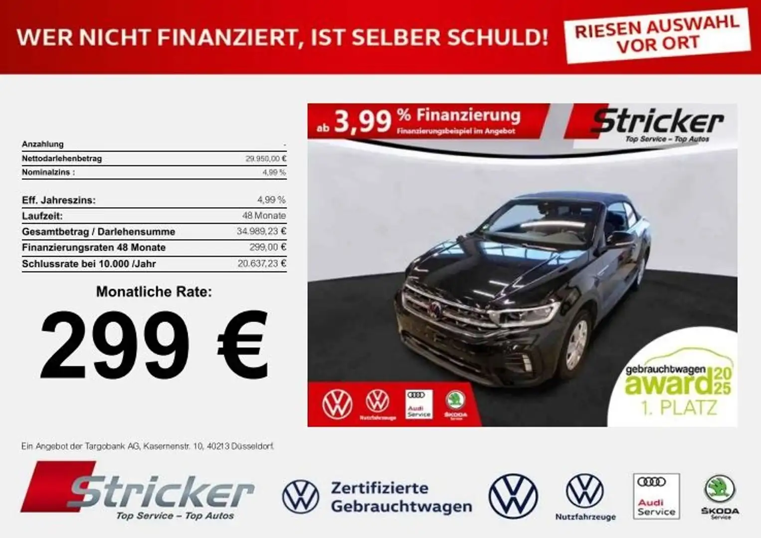 Volkswagen T-Roc Cabriolet R-Line 1.5TSI DSG 299,-ohne Anzahlung N Noir - 1