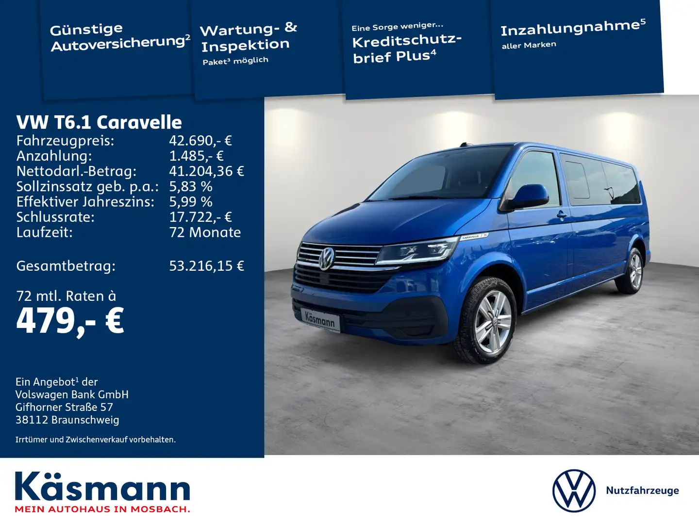 Volkswagen T6.1 Caravelle Comfortline LR 2.0TDI LED KAM 9 S Blau - 1