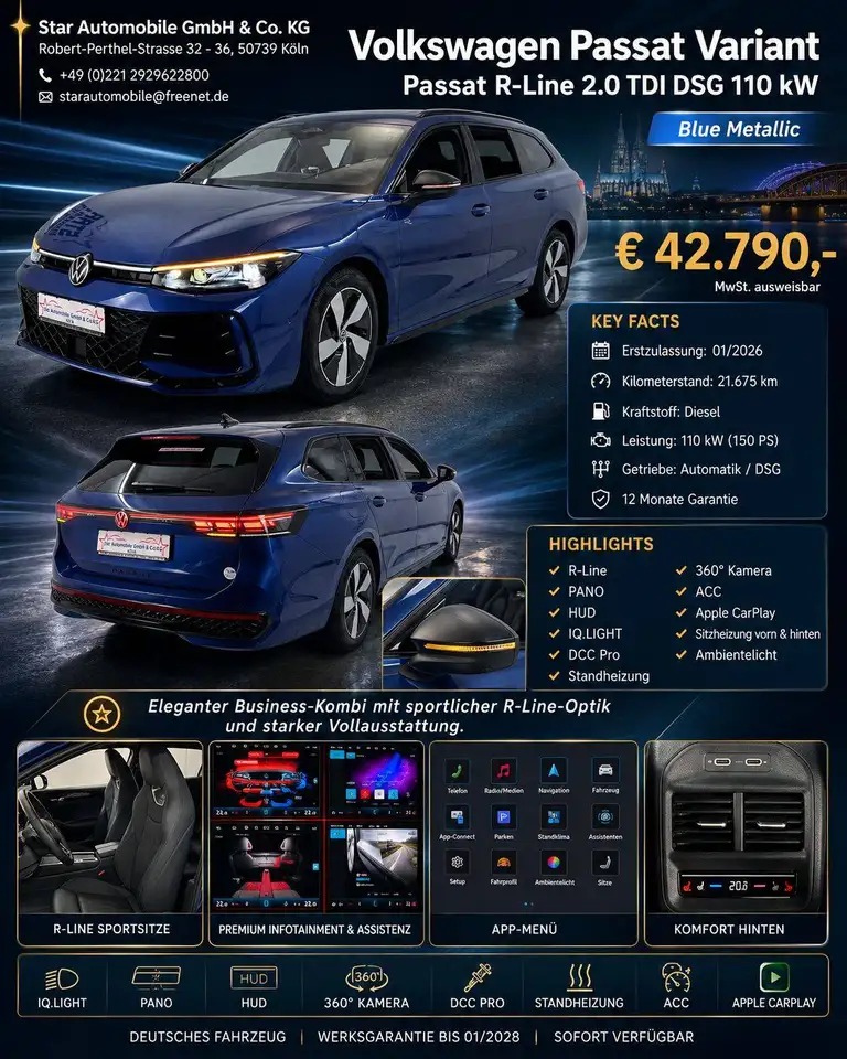 Volkswagen Passat R-line 2.0TDI DSG 110 kW PANORAMA Head-Up CarPlay/Android IQ.LIGHT DCC Pro Standheizung 360° ACC, миниатюра 2