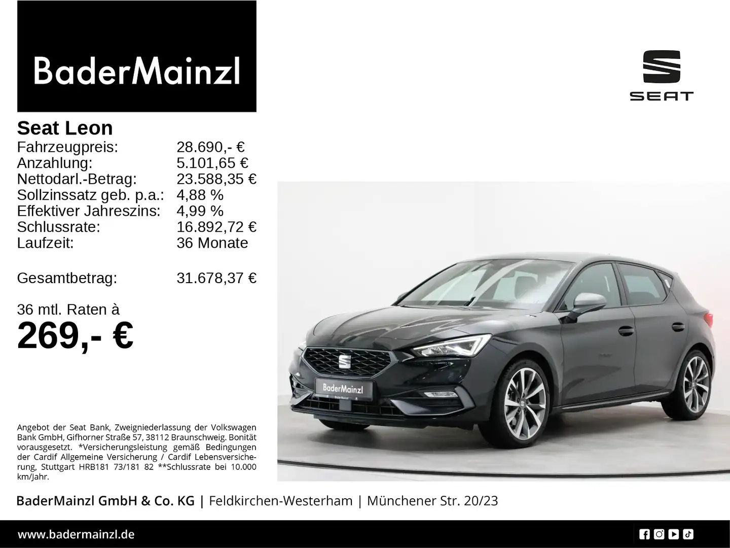SEAT Leon 1.5 TSI DSG FR Kam. CarPlay AHK ACC Beats Schwarz - 1