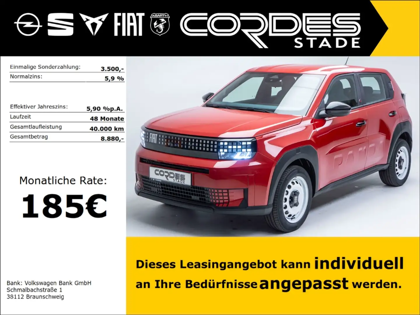 Fiat Grande Panda Elektro-Grande RED Automatik VZ-Erkennung PDC (NW2 Rouge - 1