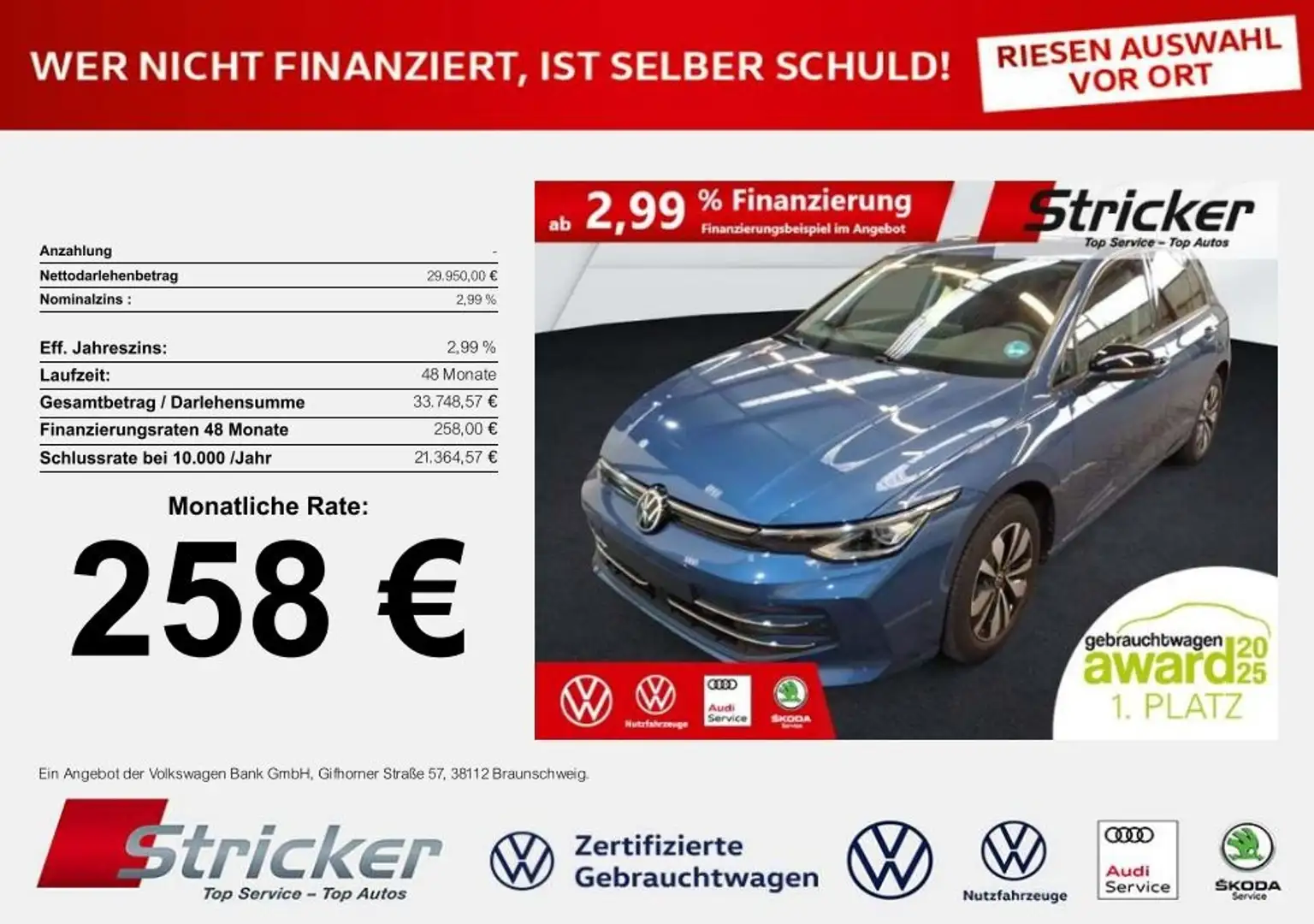 Volkswagen Golf GOAL 2.0TDI DSG 258,-ohne Anzahlung Navi AHK Kame Blau - 2