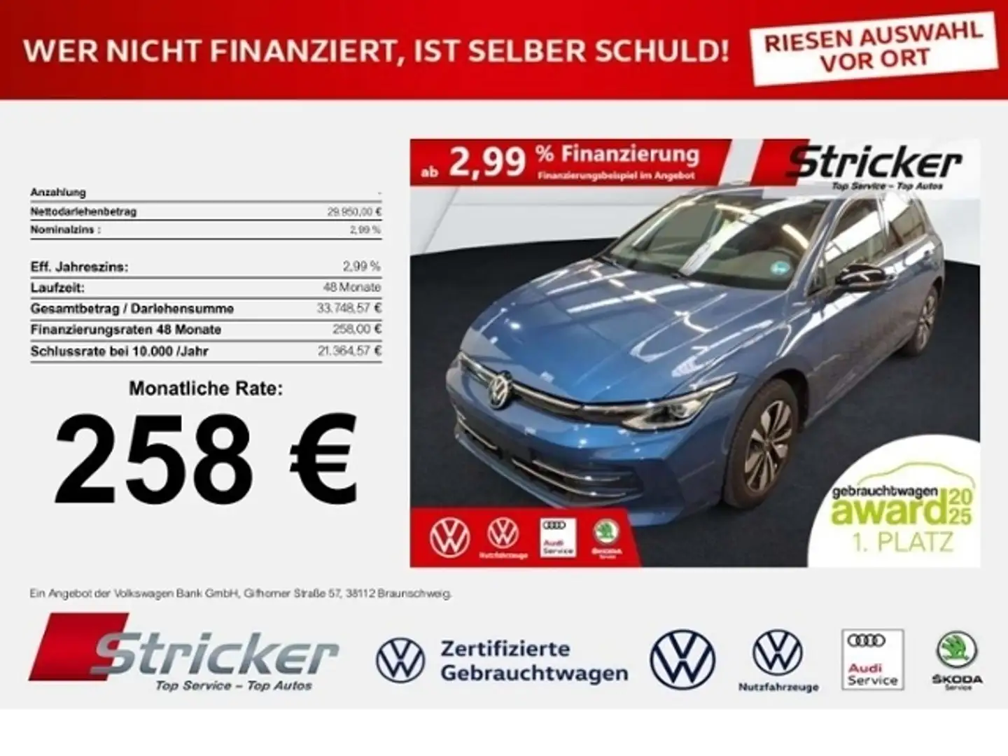 Volkswagen Golf GOAL 2.0TDI DSG 258,-ohne Anzahlung Navi AHK Kame Blau - 1