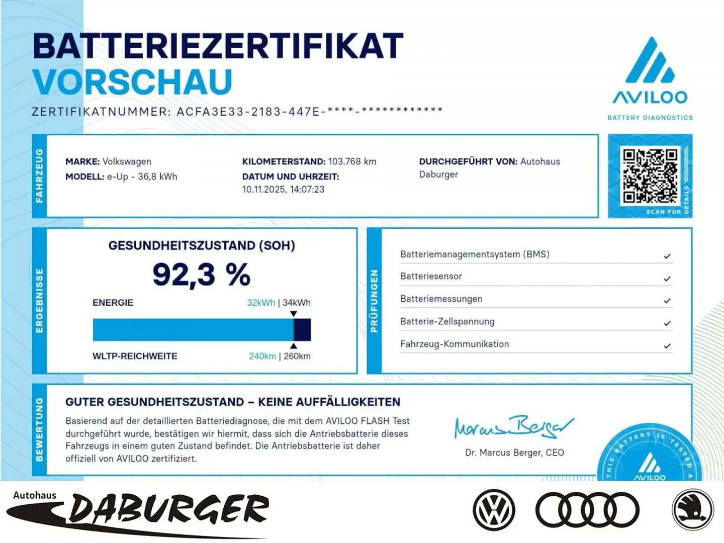 Volkswagen up! ! e-up! CCS+Rückfahrkamera+92,3%AVILOO-TEST Klima Weiß - 1