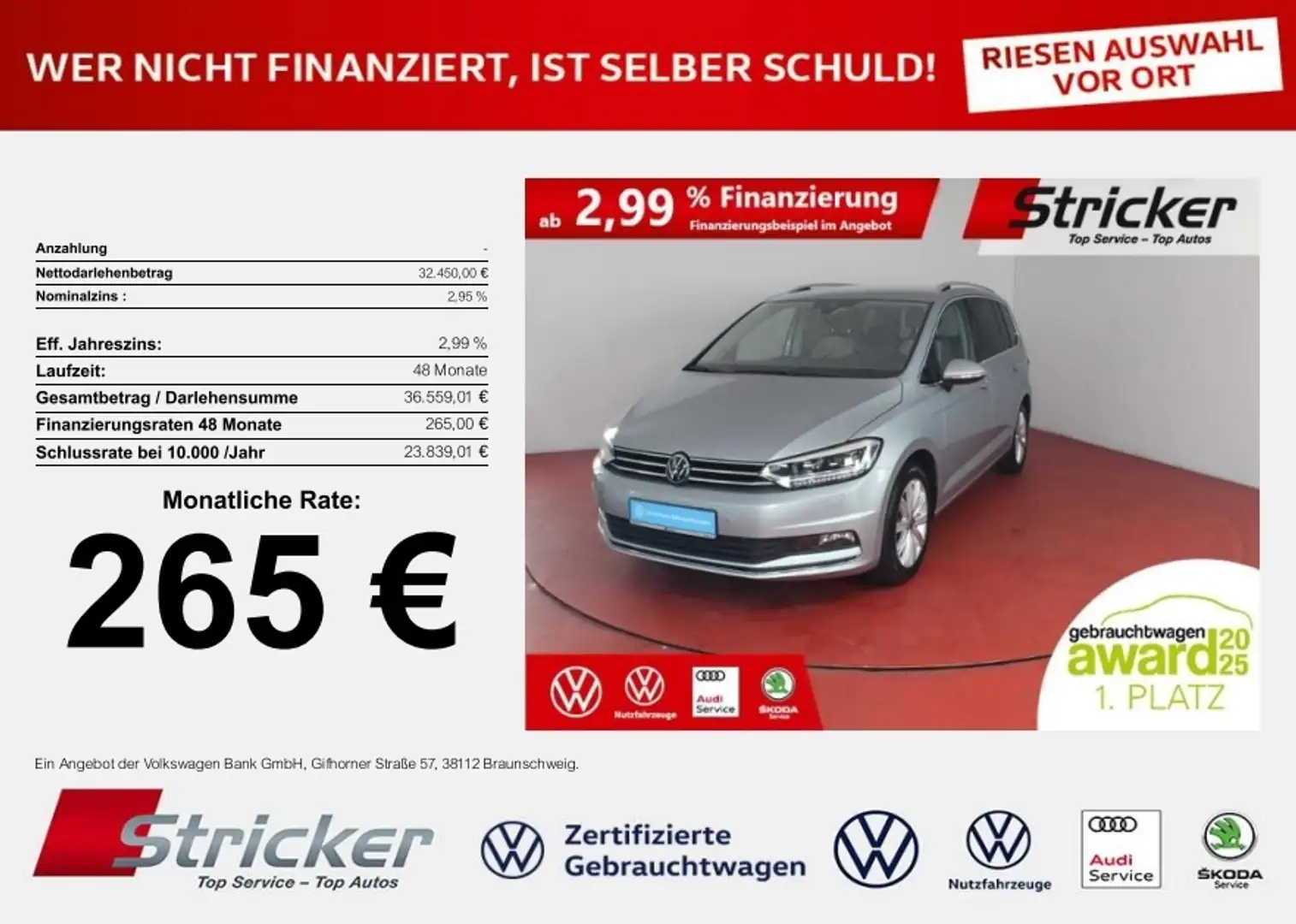 Volkswagen Touran Highline 2.0 TDI DSG 265,-ohne Anzahlung 7-Sitzer Silber - 1