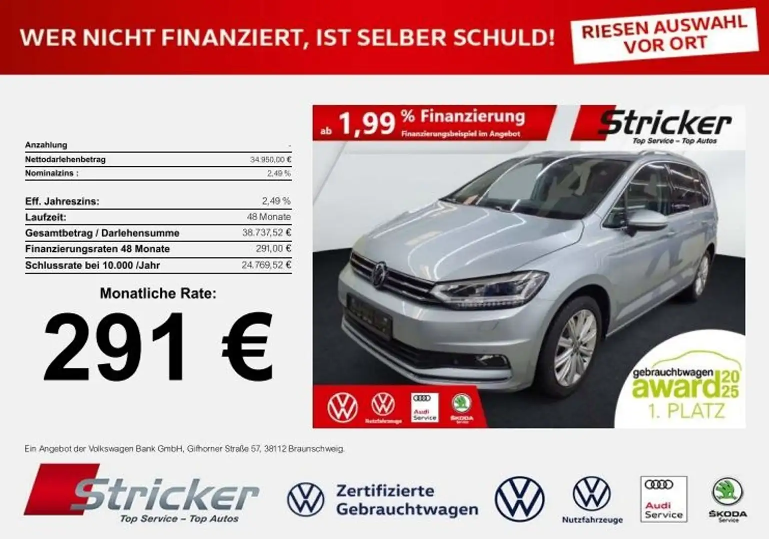 Volkswagen Touran Highline 2.0 TDI DSG 291,-ohne Anzahlung 7-Sitzer Silber - 2