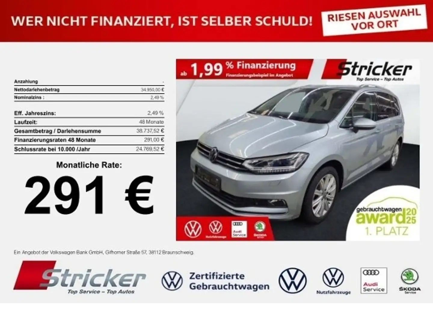Volkswagen Touran Highline 2.0 TDI DSG 291,-ohne Anzahlung 7-Sitzer Silber - 1