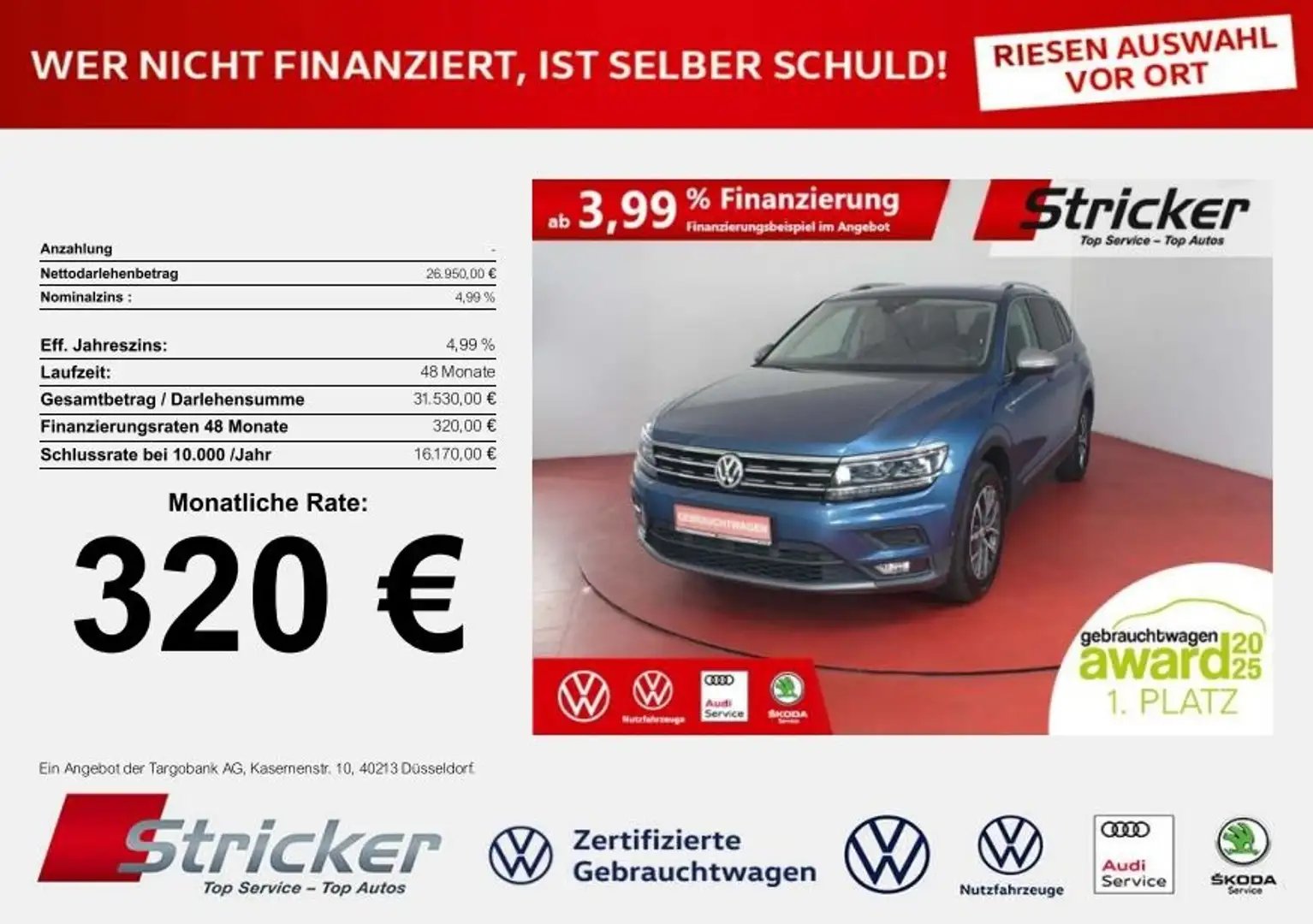 Volkswagen Tiguan Allspace 2.0TDI 308,-ohne Anzahlung 7-Sitzer AHK Pano Head Blau - 1