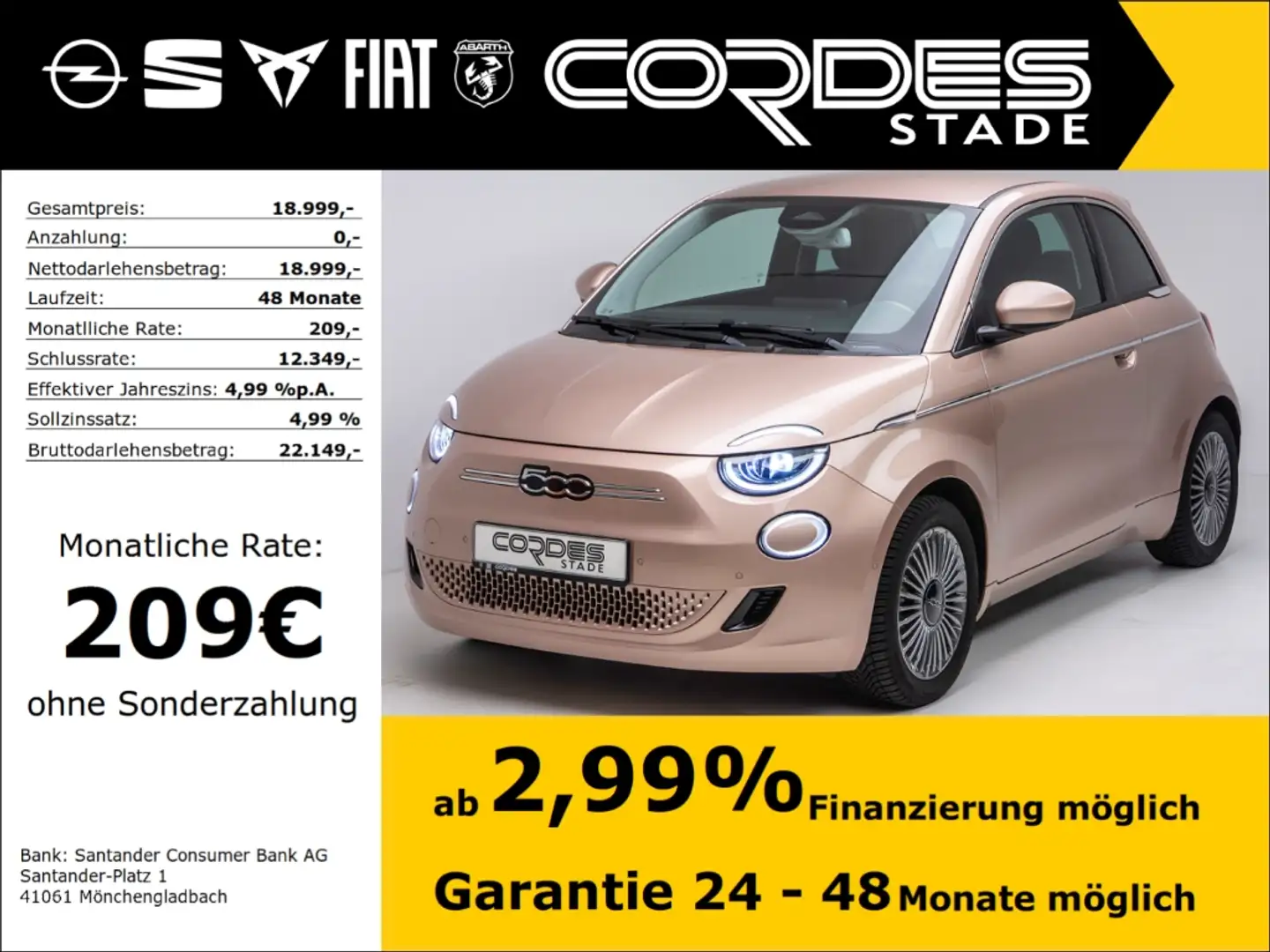Fiat 500e Automatik PDC Kamera Allwetter Kollisionswarner (2 Oro - 1