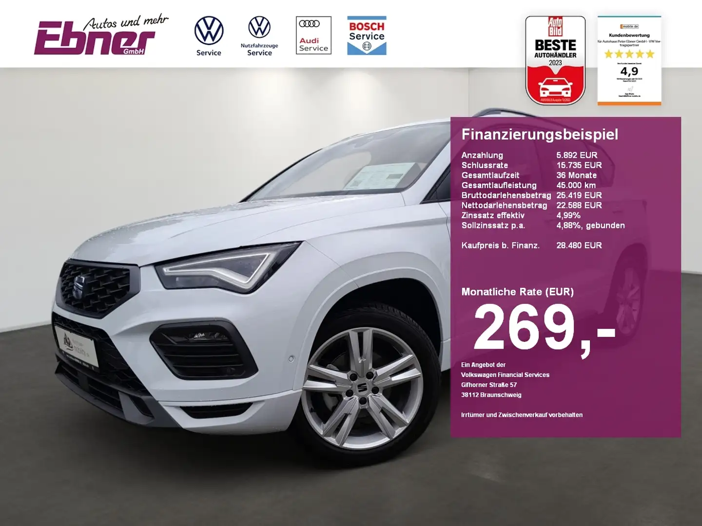 SEAT Ateca FR 1.5TSI DSG ACC+KAMERA+KEYLESS+NAVI+APP+LED+18 A Weiß - 1