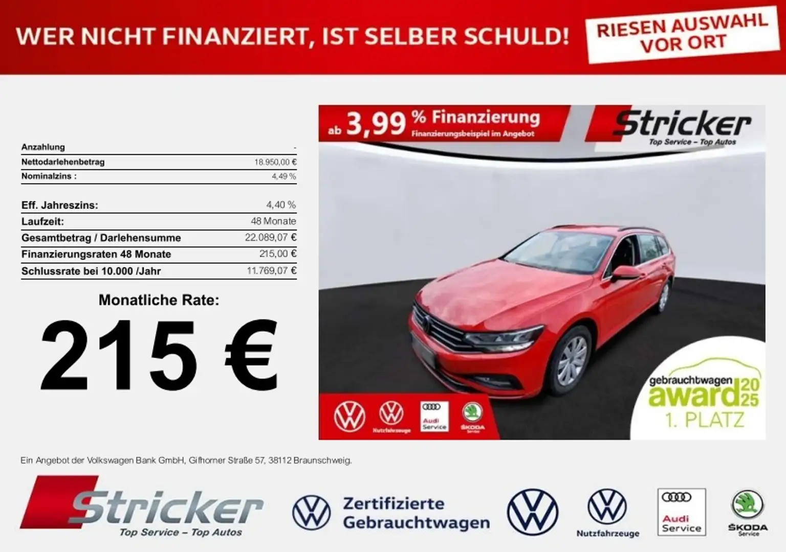 Volkswagen Passat Variant Business 2.0TDI DSG 215,-ohne Anzahlung Navi ACC Rot - 1