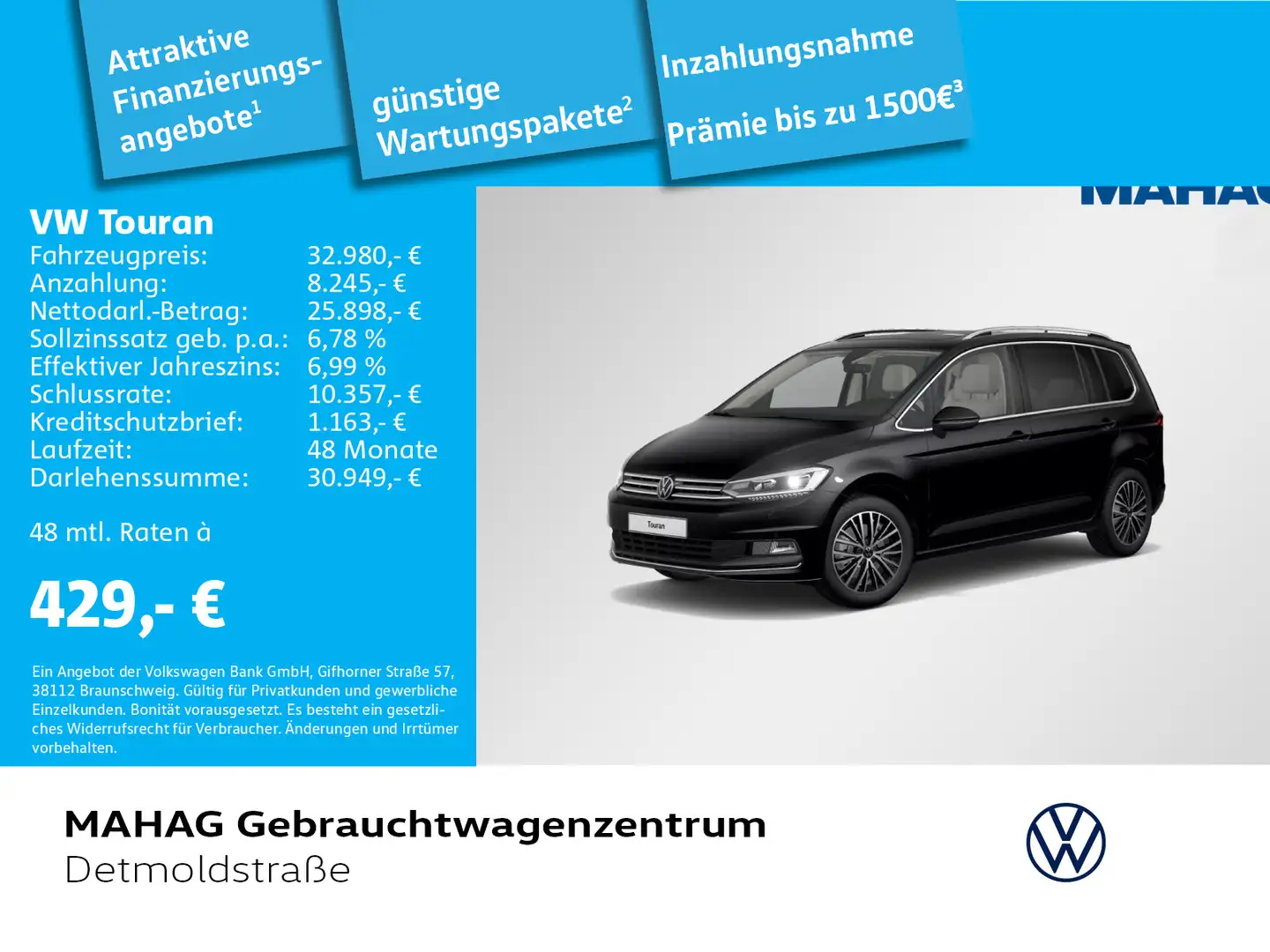 Volkswagen Touran Highline 1.5 TSI AHK Leder LED Navi RearV Schwarz - 1