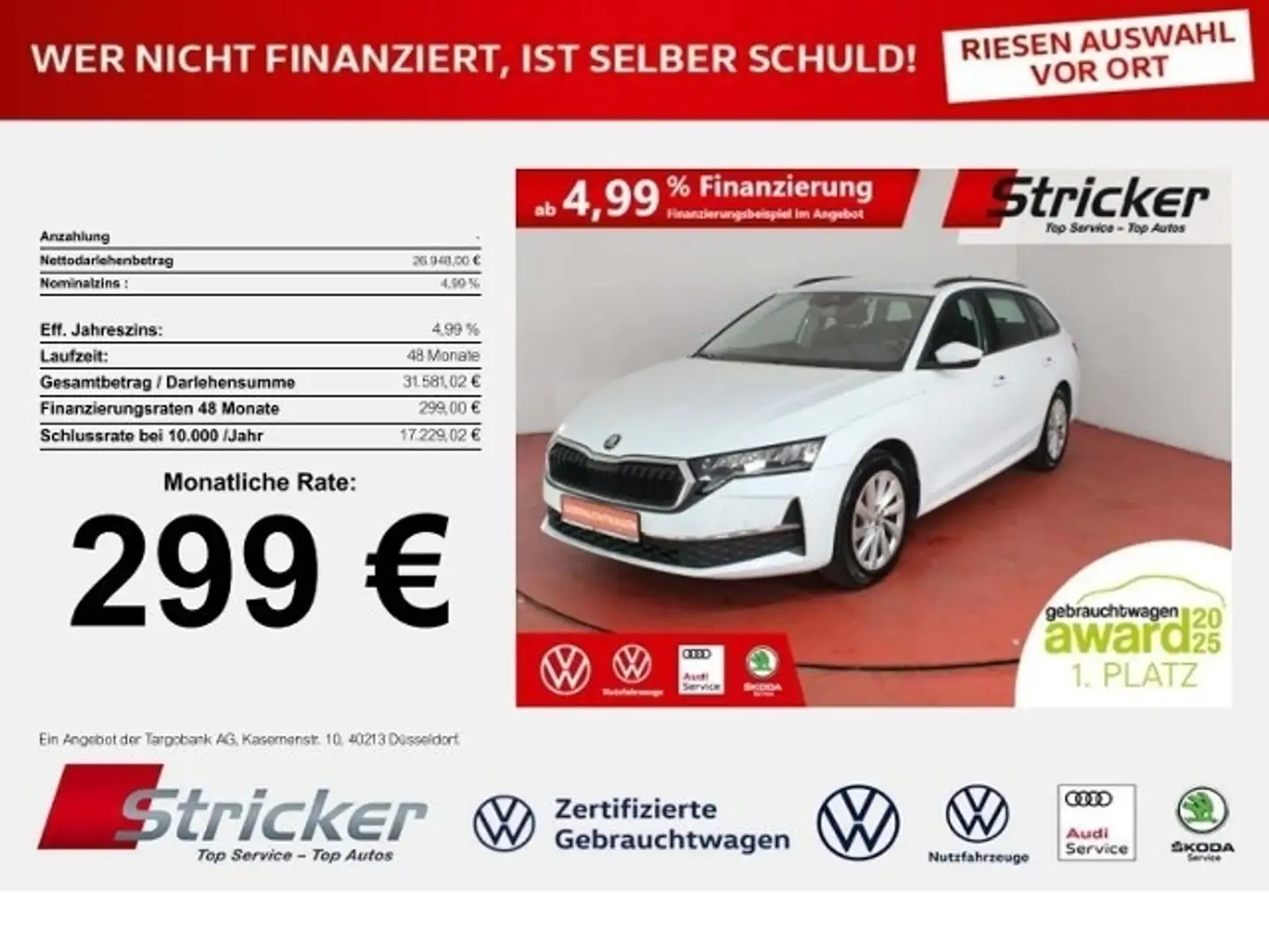 Skoda Octavia Selection 2.0TDI DSG 299,-ohne Anzahlung Navi ACC Weiß - 1