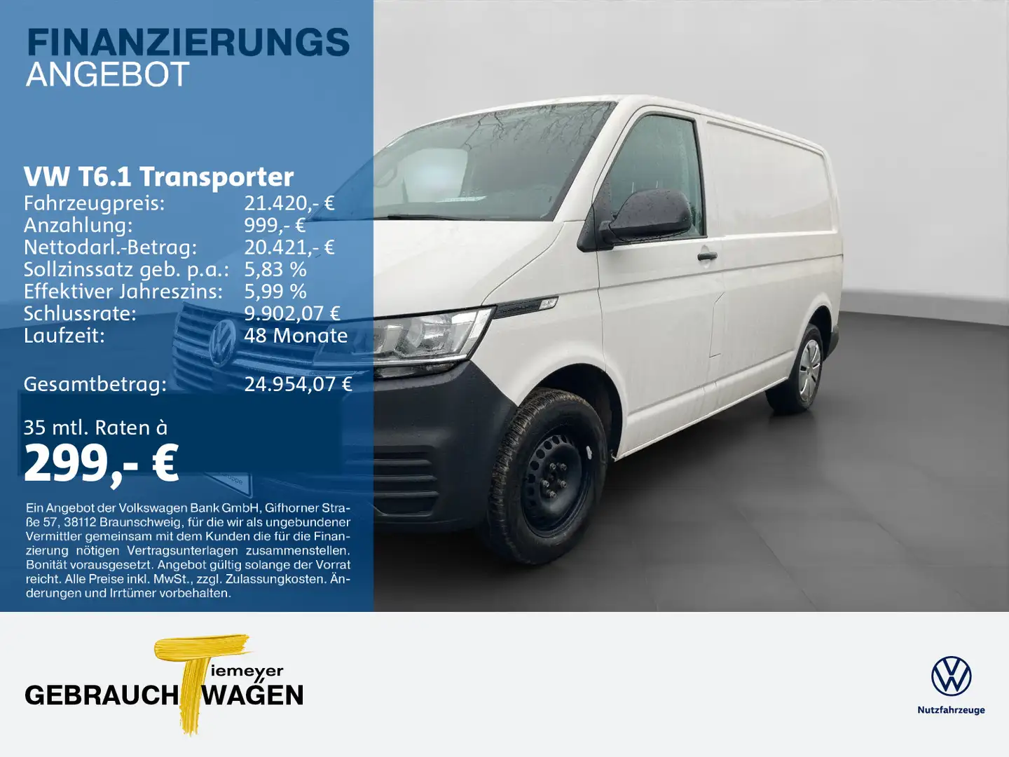 Volkswagen T6.1 Transporter T6.1 Kasten 3-SITZE KOMFORT-PLUS PDC Weiß - 1