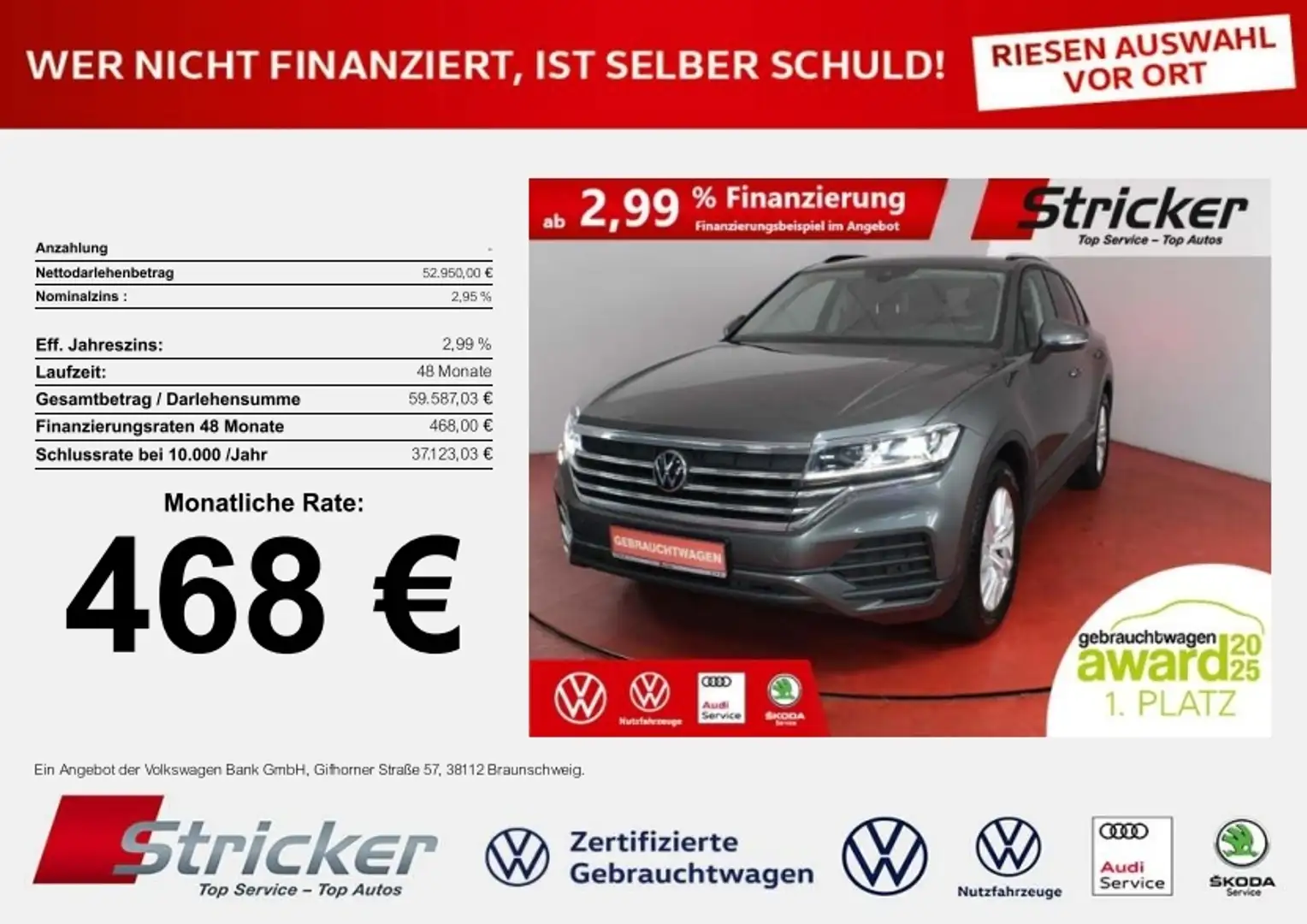 Volkswagen Touareg 3.0TDI 468,-ohne Anzahlung Navi AHK Luft Gri - 1