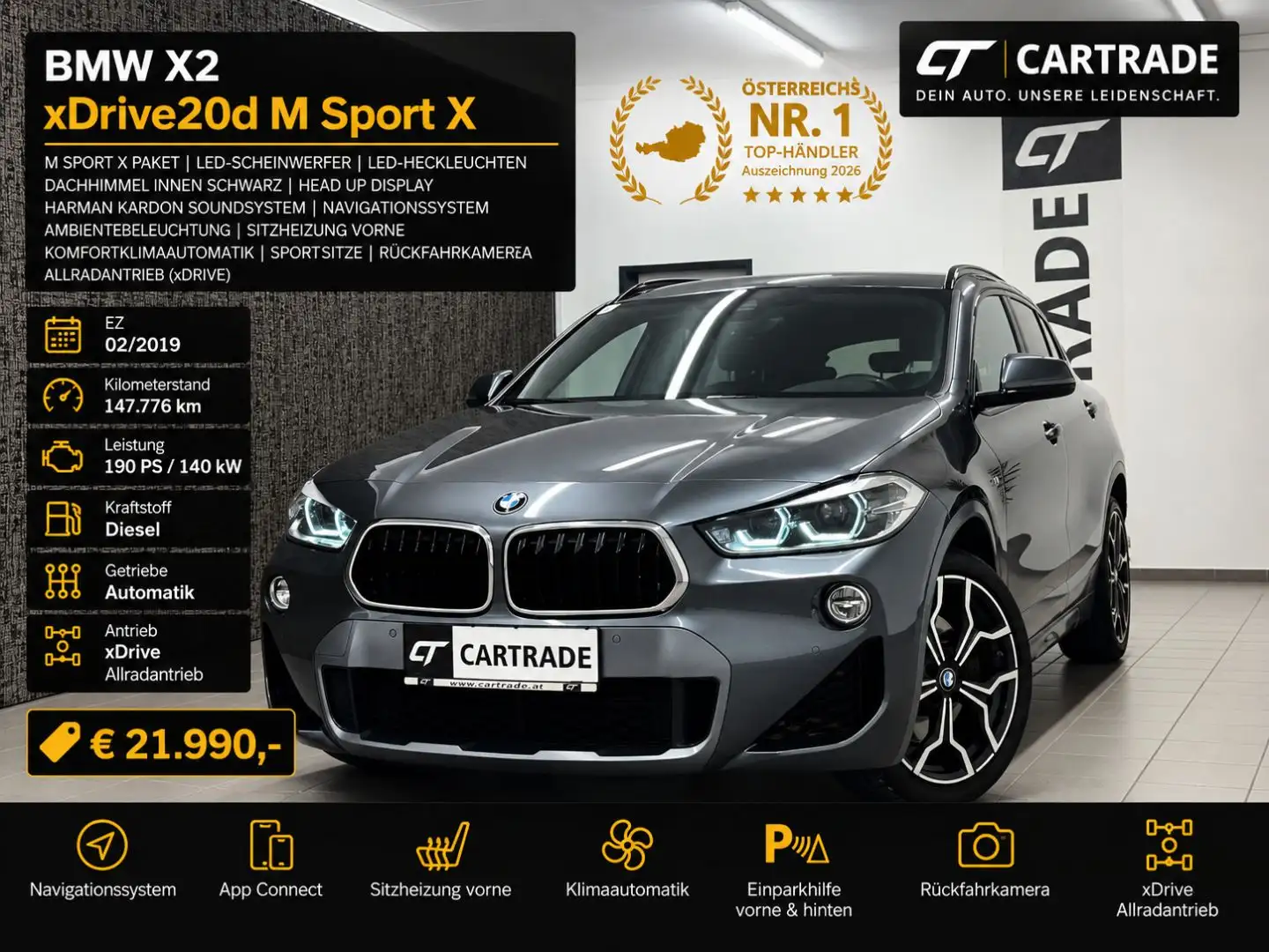 BMW X2 xDrive20d M Sport X /LED/HEAD UP D./NAVI/STANDL./ Grau - 1