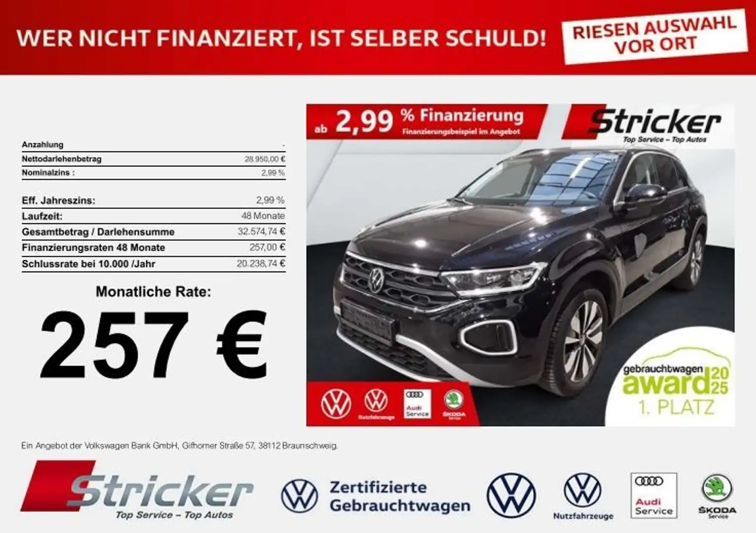 Volkswagen T-Roc GOAL 2.0TDI DSG 257,-ohne Anzahlung Navi AHK Kame Schwarz - 2