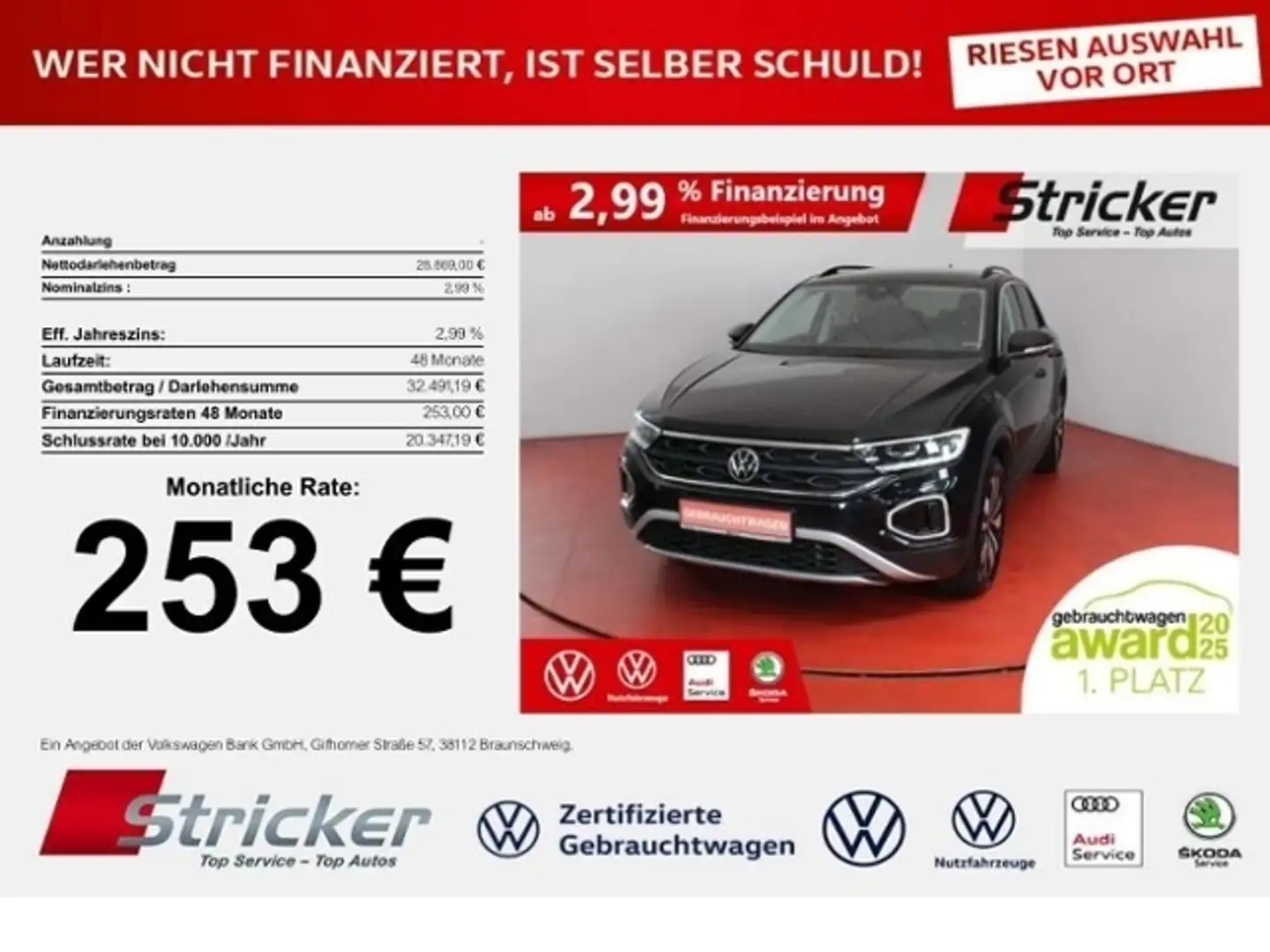 Volkswagen T-Roc GOAL 2.0TDI DSG 253,-ohne Anzahlung Navi AHK Kame Schwarz - 1