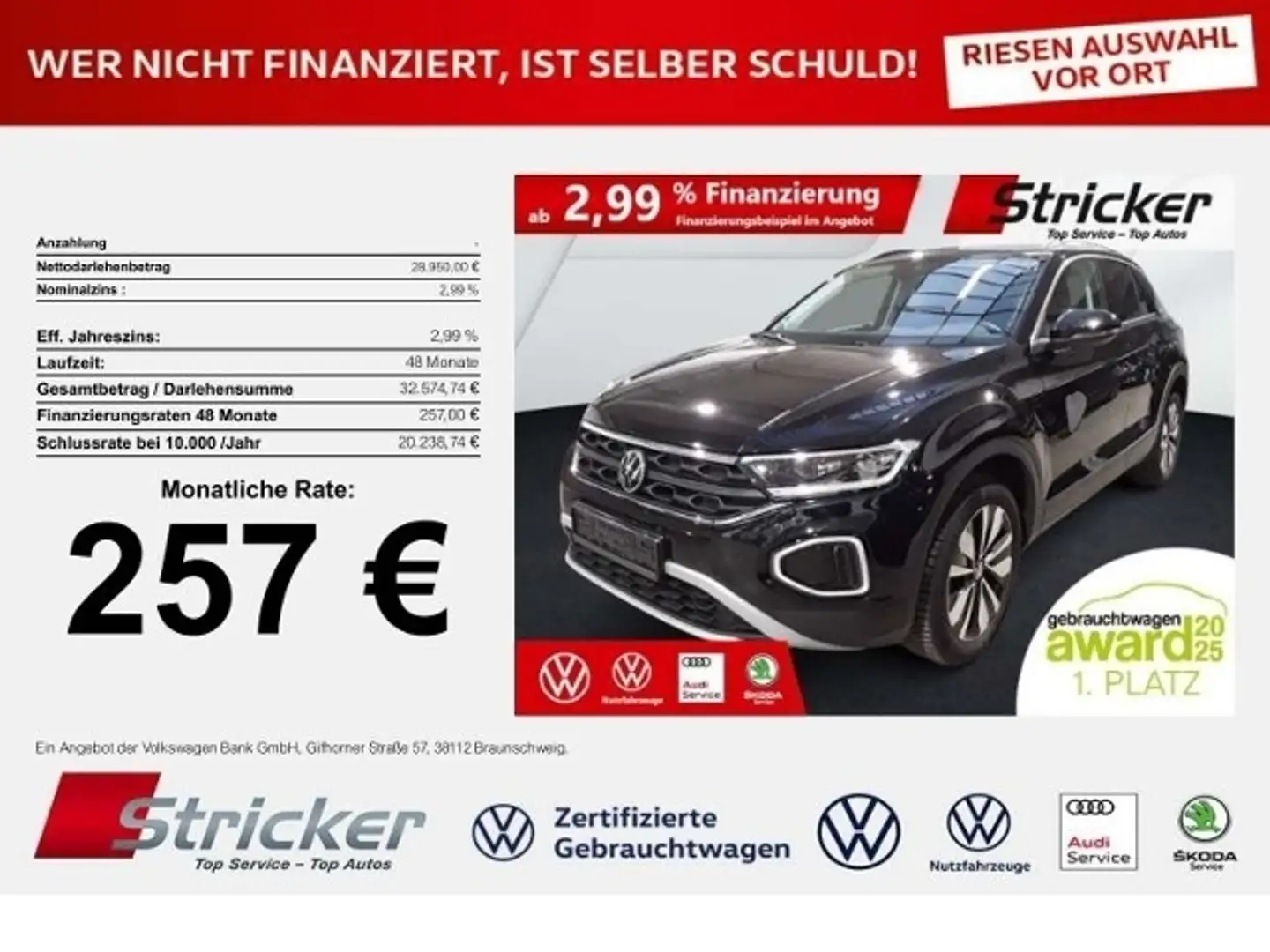 Volkswagen T-Roc GOAL 2.0TDI DSG 257,-ohne Anzahlung Navi AHK Kame Schwarz - 1